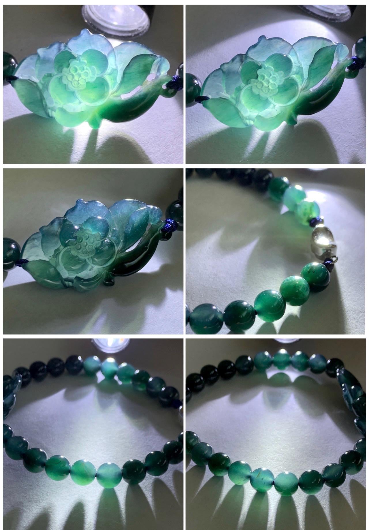 Natural Grade A Guatemalan Icy Translucent Midnight Blue Jade Jadeite Lotus Flower Beaded Bracelet 7” Sterling Silver 天然冰危深蓝翡翠莲花手串 SLH245