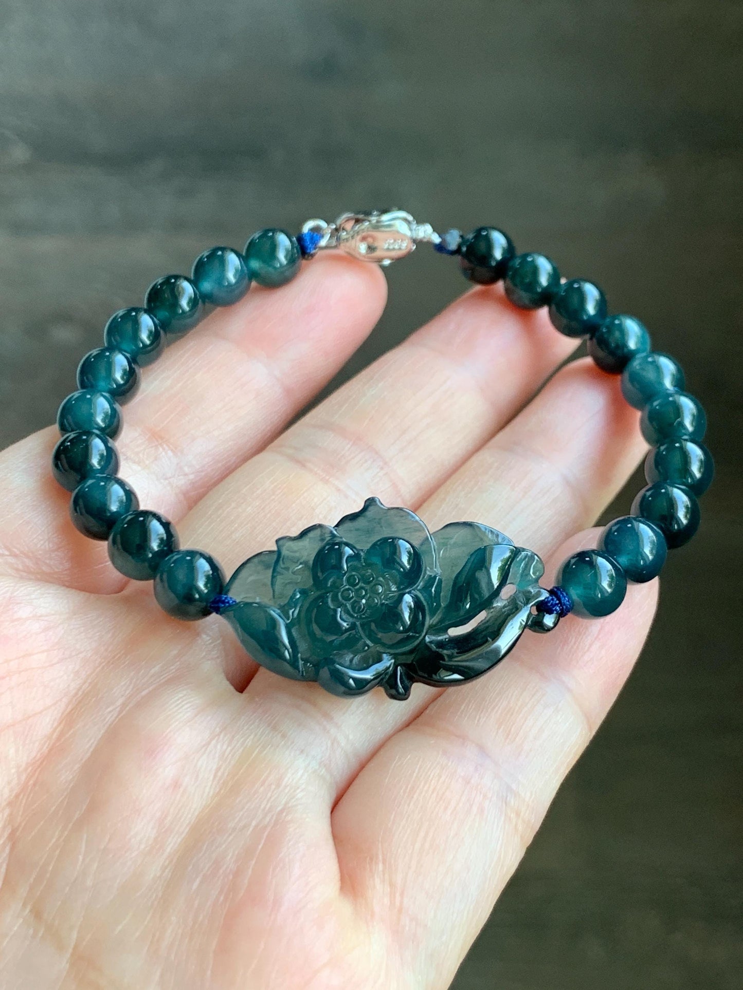 Natural Grade A Guatemalan Icy Translucent Midnight Blue Jade Jadeite Lotus Flower Beaded Bracelet 7” Sterling Silver 天然冰危深蓝翡翠莲花手串 SLH245