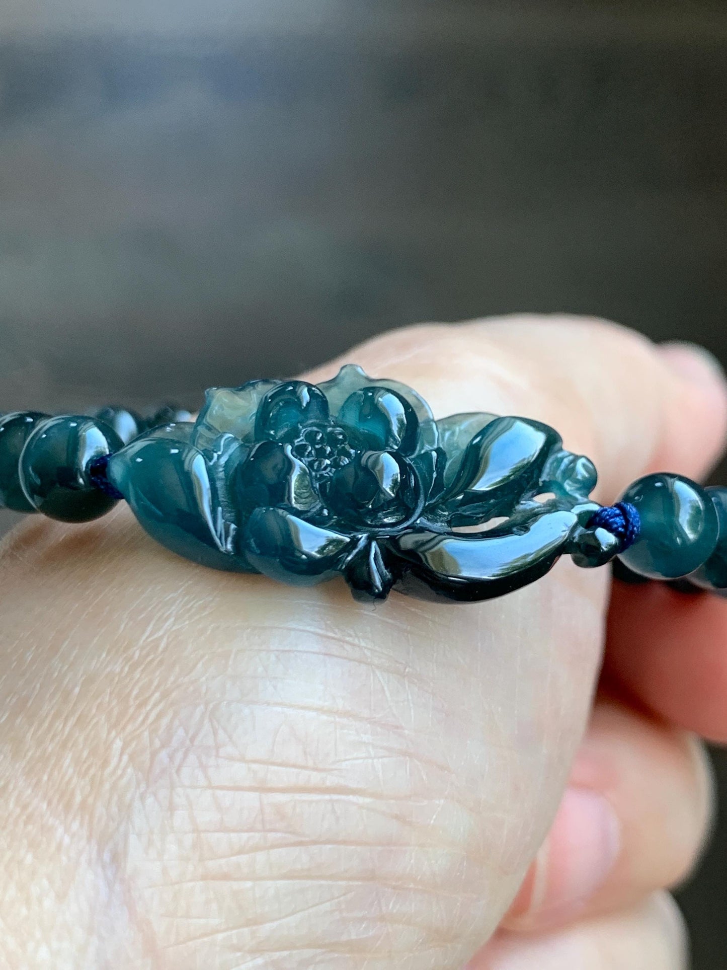 Natural Grade A Guatemalan Icy Translucent Midnight Blue Jade Jadeite Lotus Flower Beaded Bracelet 7” Sterling Silver 天然冰危深蓝翡翠莲花手串 SLH245