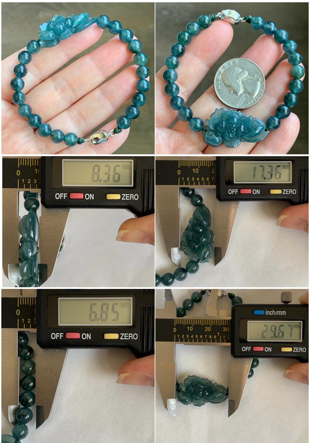 Natural Grade A Guatemalan Icy Translucent Dark Teal Blue Jade Jadeite Lotus Flower Beaded Bracelet 7” Sterling Silver 天然冰危深蓝绿翡翠莲花手串 WLL245