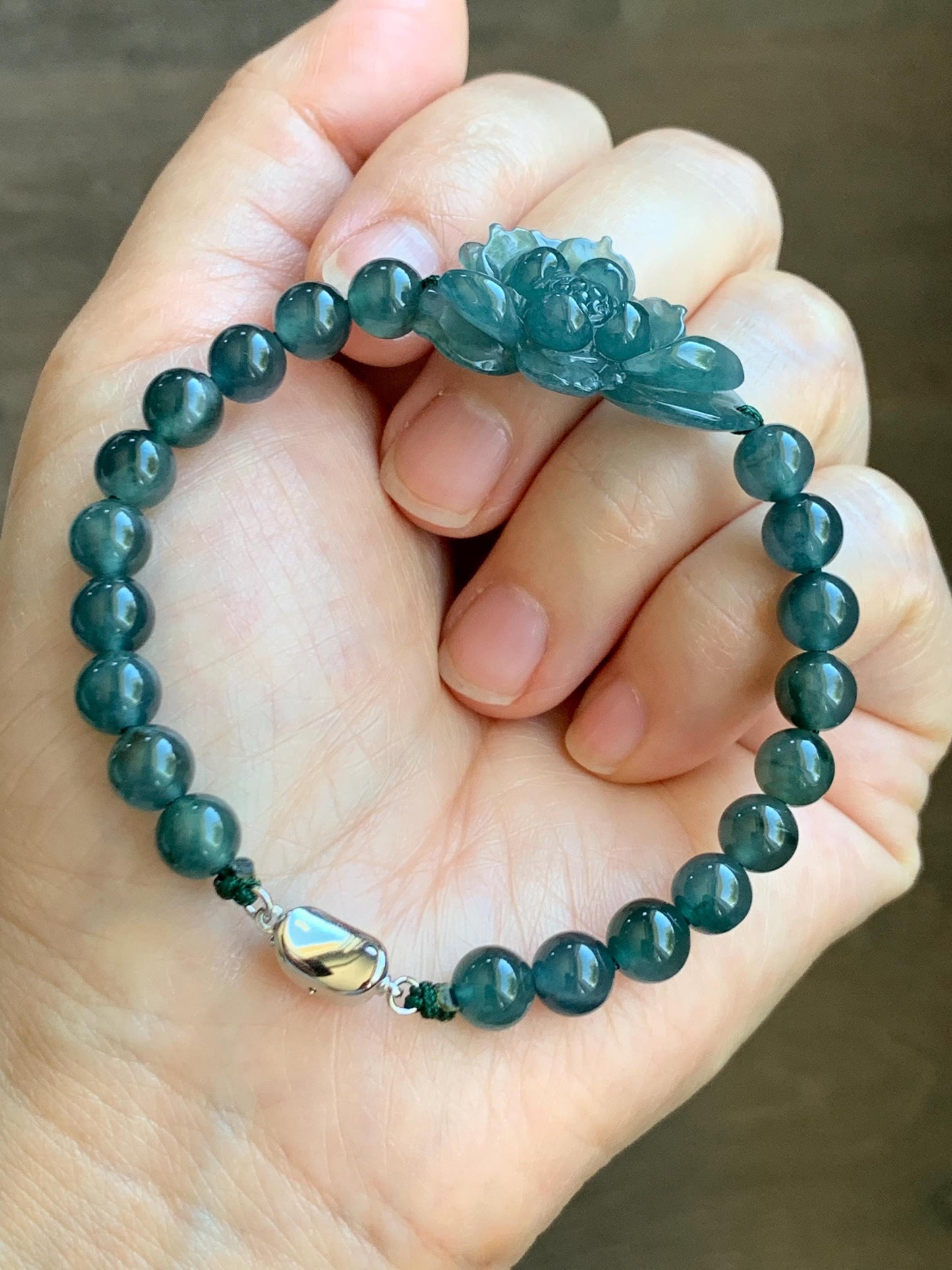 Natural Grade A Guatemalan Icy Translucent Dark Teal Blue Jade Jadeite Lotus Flower Beaded Bracelet 7” Sterling Silver 天然冰危深蓝绿翡翠莲花手串 WLL245