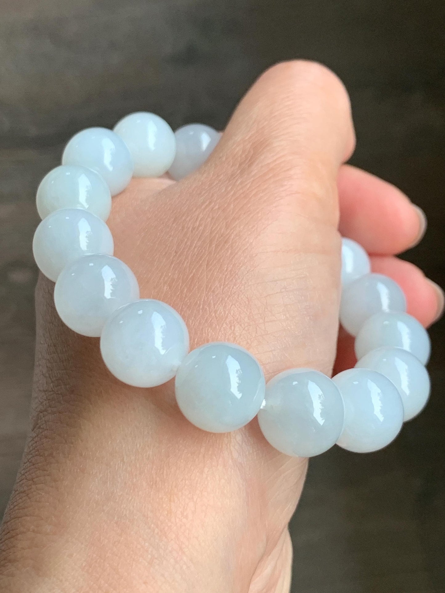 Natural Grade A Icy Translucent Gelatinous White Pastel Blue Jade Jadeite Beads Beaded Bracelet 12.7mm 7.5” 58g 天然冰胶淡蓝底翡翠大卡圆珠手串 MDL450A