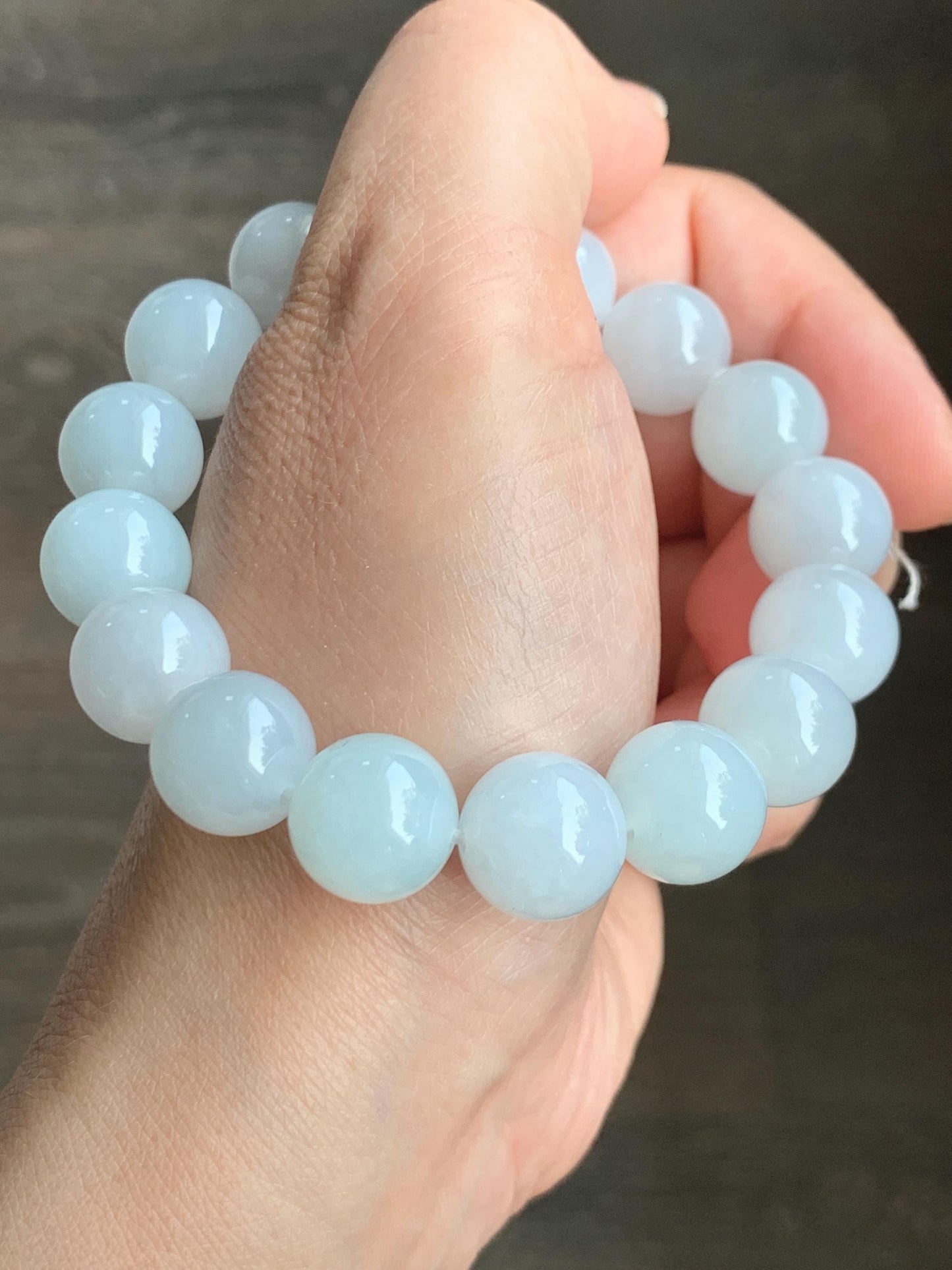 Natural Grade A Icy Translucent Gelatinous White Pastel Blue Jade Jadeite Beads Beaded Bracelet 12.7mm 7.5” 58g 天然冰胶淡蓝底翡翠大卡圆珠手串 MDL450B