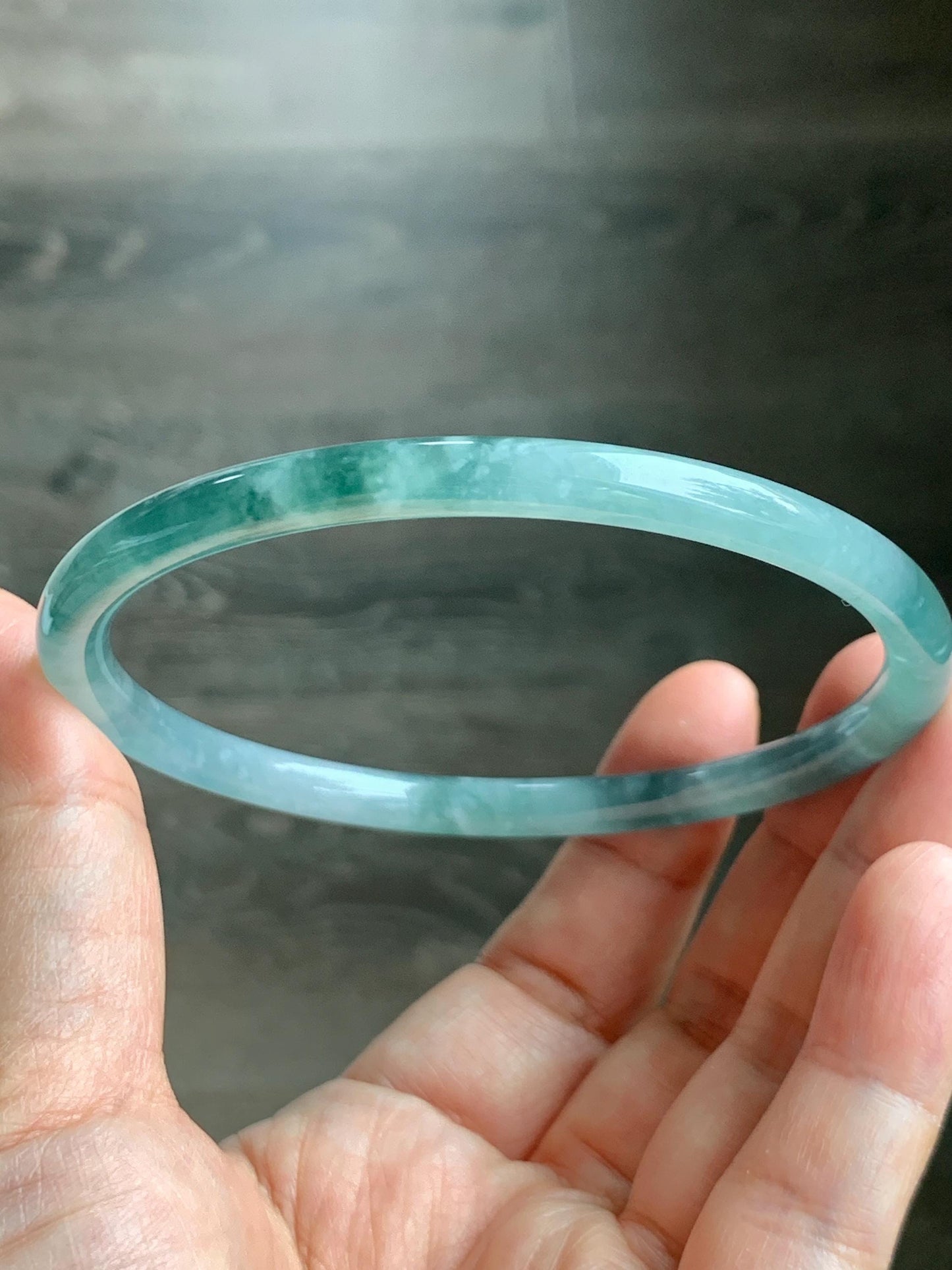 Certified Natural Grade A Guatemalan Icy Highly Translucent Light Green Jade Jadeite Slim Bangle 68.1mm 8.4” 22.38 天然冰胶危晴绿翡翠细圆条手镯 8771