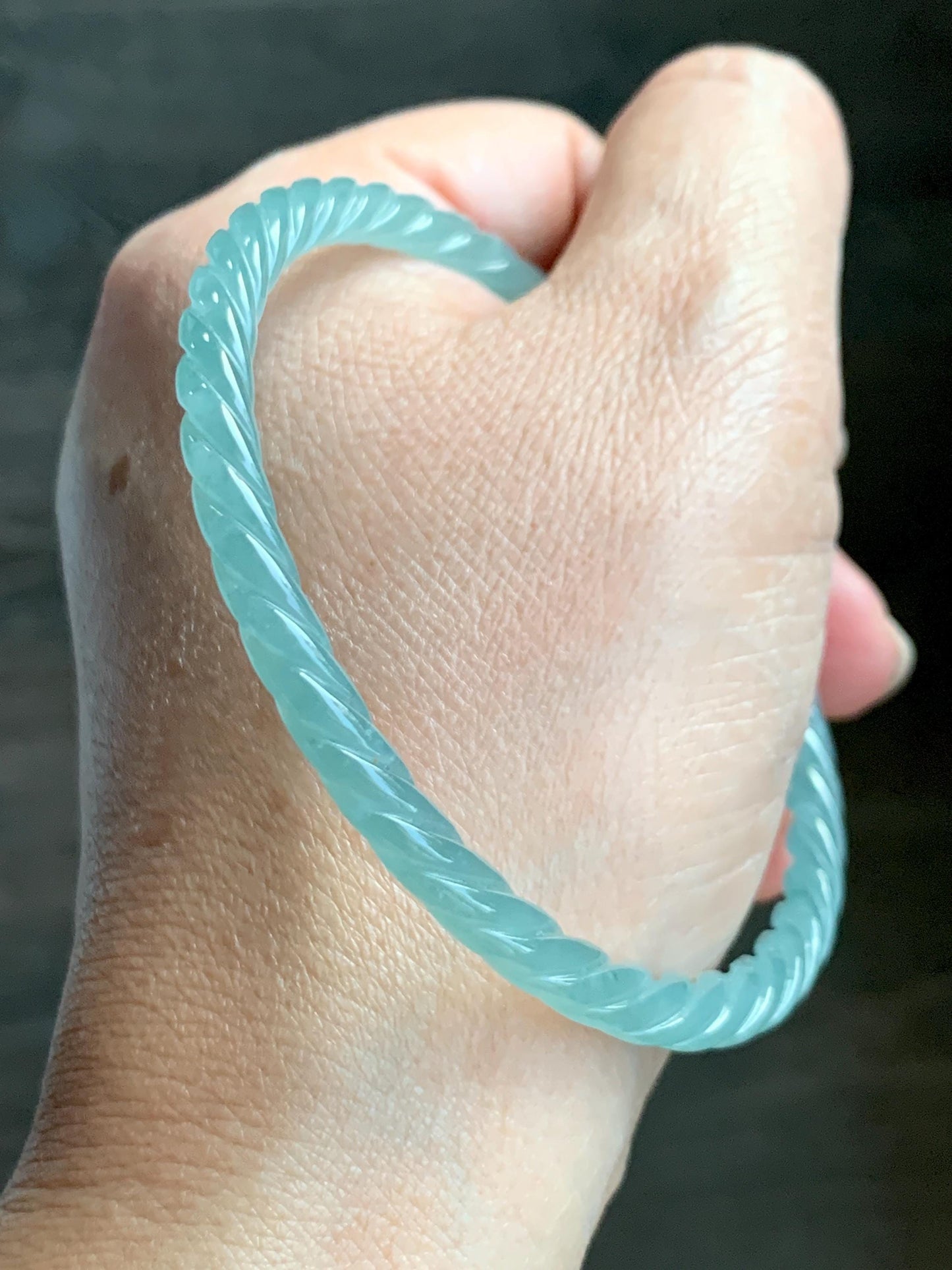 Certified Natural Grade A Guatemalan Icy Translucent Gelatinous Light Teal Jade Jadeite Carved Braid Bangle 63.1mm 7.8” 天然冰胶危浅晴蓝翡翠细麻花手镯 8758