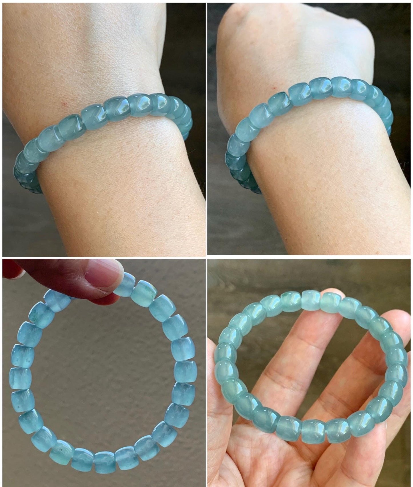 Certified Natural Guatemalan Icy Translucent Gelatinous Light Teal Blue Jade Jadeite Barrel Beads Beaded Bracelet 7” 22.9g 天然冰胶危蓝翡翠桶珠手串 8751