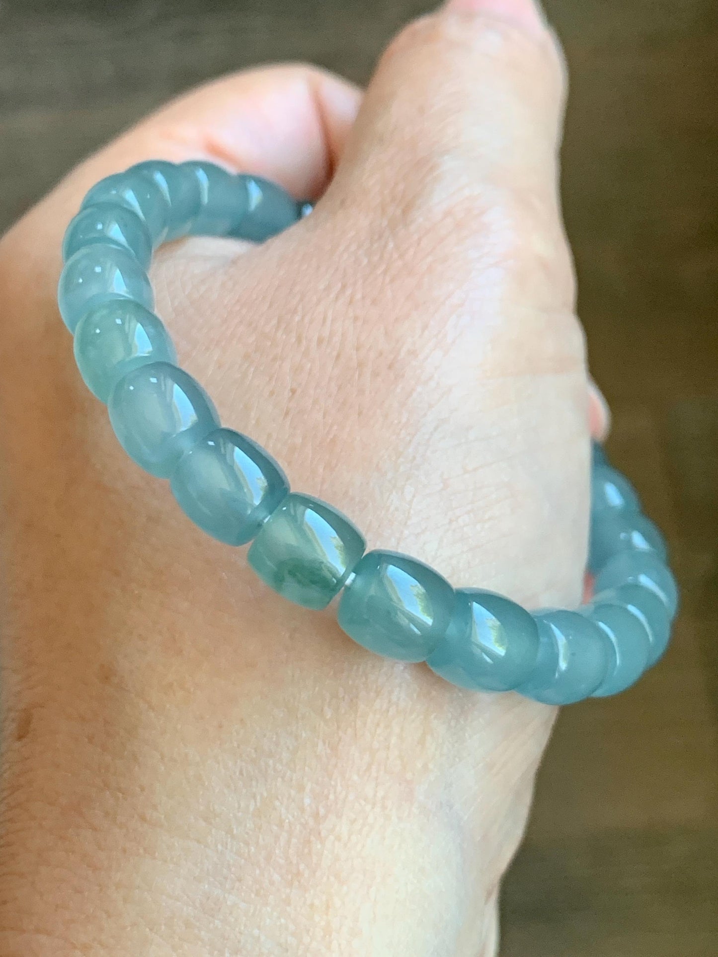 Certified Natural Guatemalan Icy Translucent Gelatinous Light Teal Blue Jade Jadeite Barrel Beads Beaded Bracelet 7” 22.9g 天然冰胶危蓝翡翠桶珠手串 8751