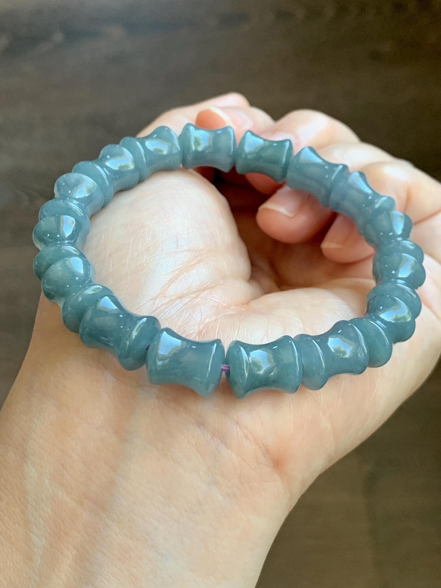 Natural Grade A Guatemalan Icy Translucent Gelatinous Dusty Blue Jadeite Carved Bamboo Stalk Beaded Bracelet 7.5” 34g 天然冰危篮翡翠竹节珠手串 CZJ350A