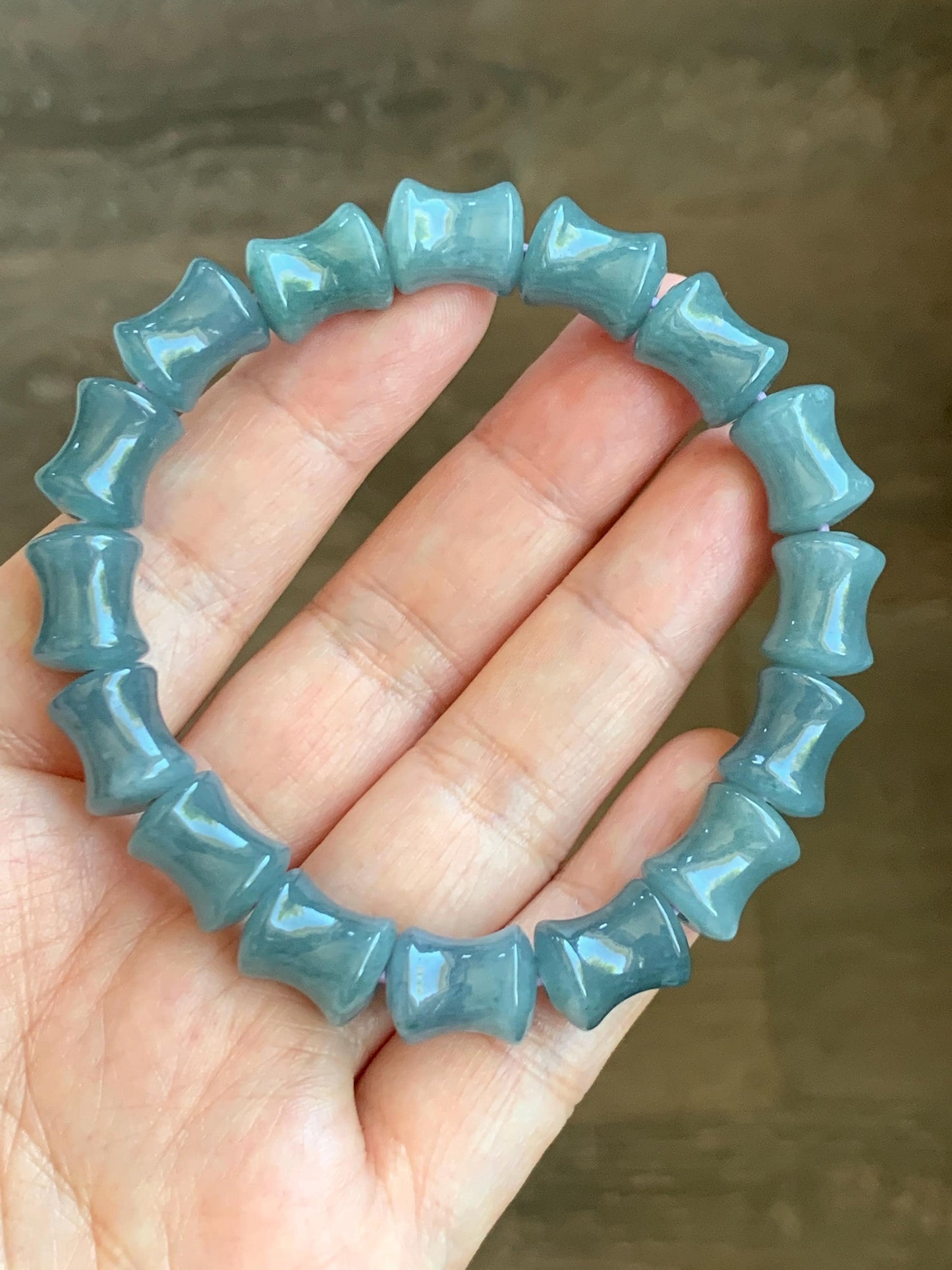 Natural Grade A Guatemalan Icy Translucent Gelatinous Dusty Blue Jadeite Carved Bamboo Stalk Beaded Bracelet 7.5” 35g 天然冰危篮翡翠竹节珠手串 CZJ350B