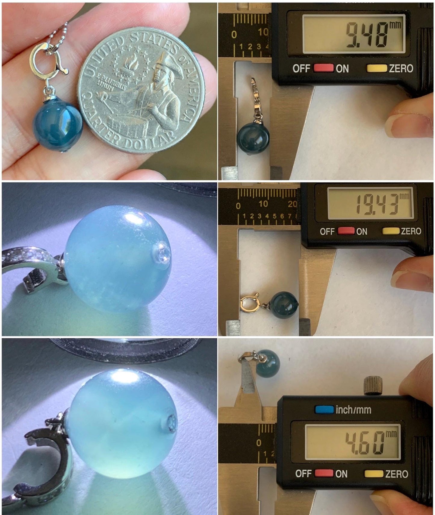 Natural Grade A Guatemalan Icy Highly Translucent Aegean Blue Jade Jadeite Bead Sphere Pendant Sterling Silver 天然冰危牛仔蓝翡翠单珠镶嵌吊坠 NZL99B