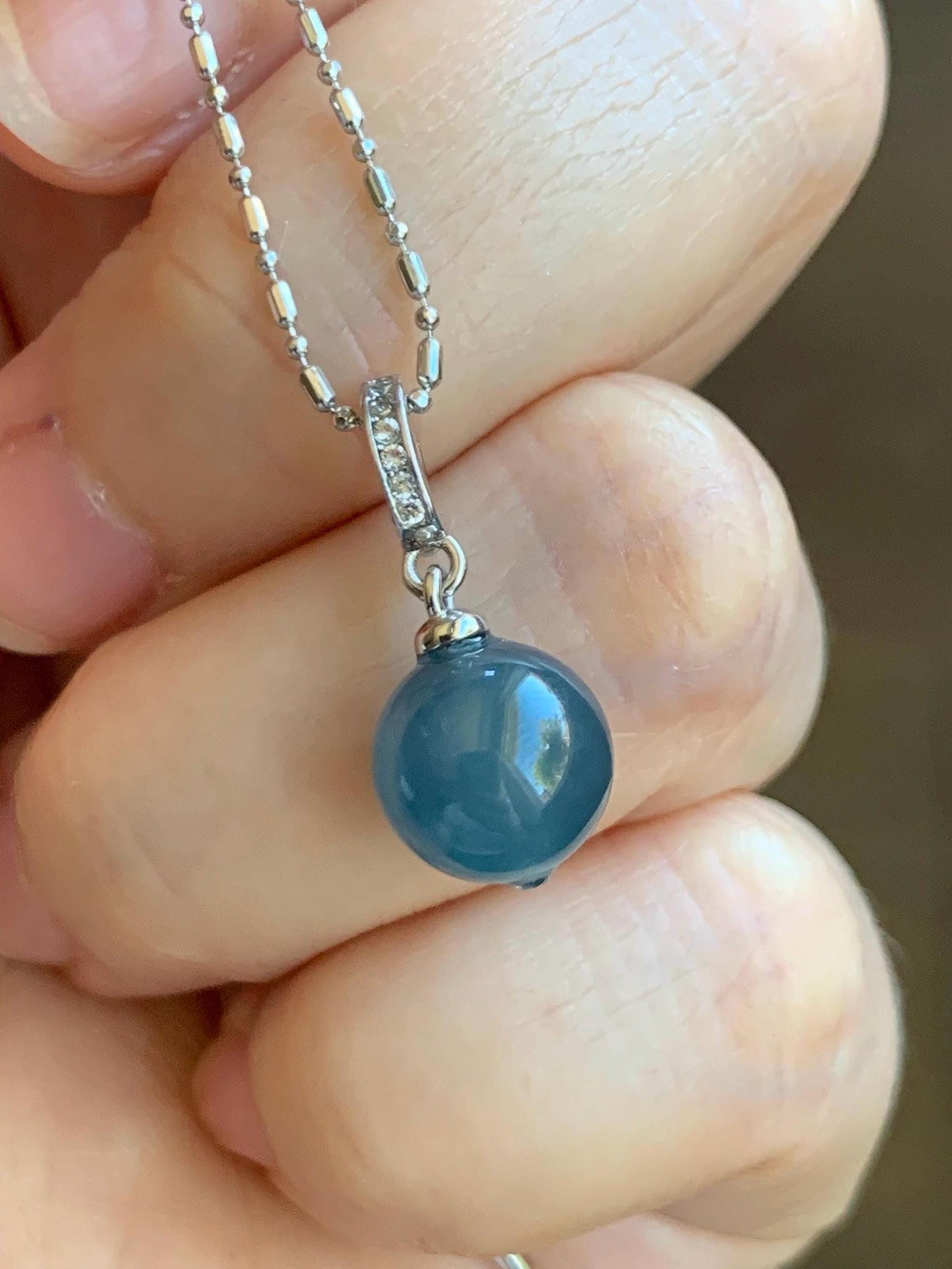 Natural Grade A Guatemalan Icy Highly Translucent Aegean Blue Jade Jadeite Bead Sphere Pendant Sterling Silver 天然冰危牛仔蓝翡翠单珠镶嵌吊坠 NZL99B