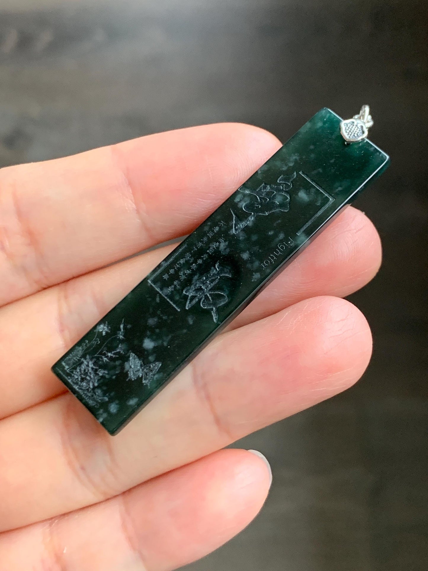 Natural Grade A Guatemalan Icy Translucent Dark Teal Green Jade Jadeite Engraved Fight For Pendant Sterling Silver 6g 天然冰危深蓝绿翡翠牌吊坠 WPP125