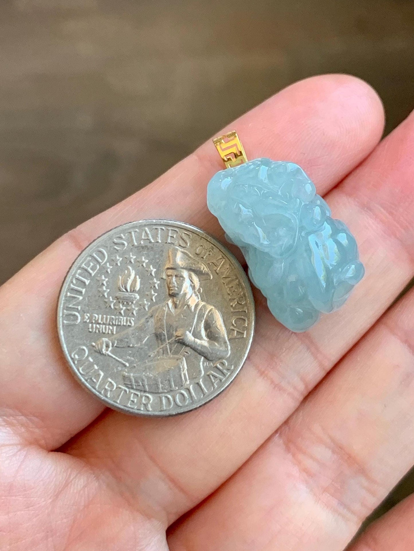 Natural Grade A Icy Translucent Gelatinous Pastel Blue Jade Jadeite Carved Pixiu Pendant 18K Yellow Gold 7g 天然老种冰胶淡蓝翡翠貔貅吊坠 MTL248G