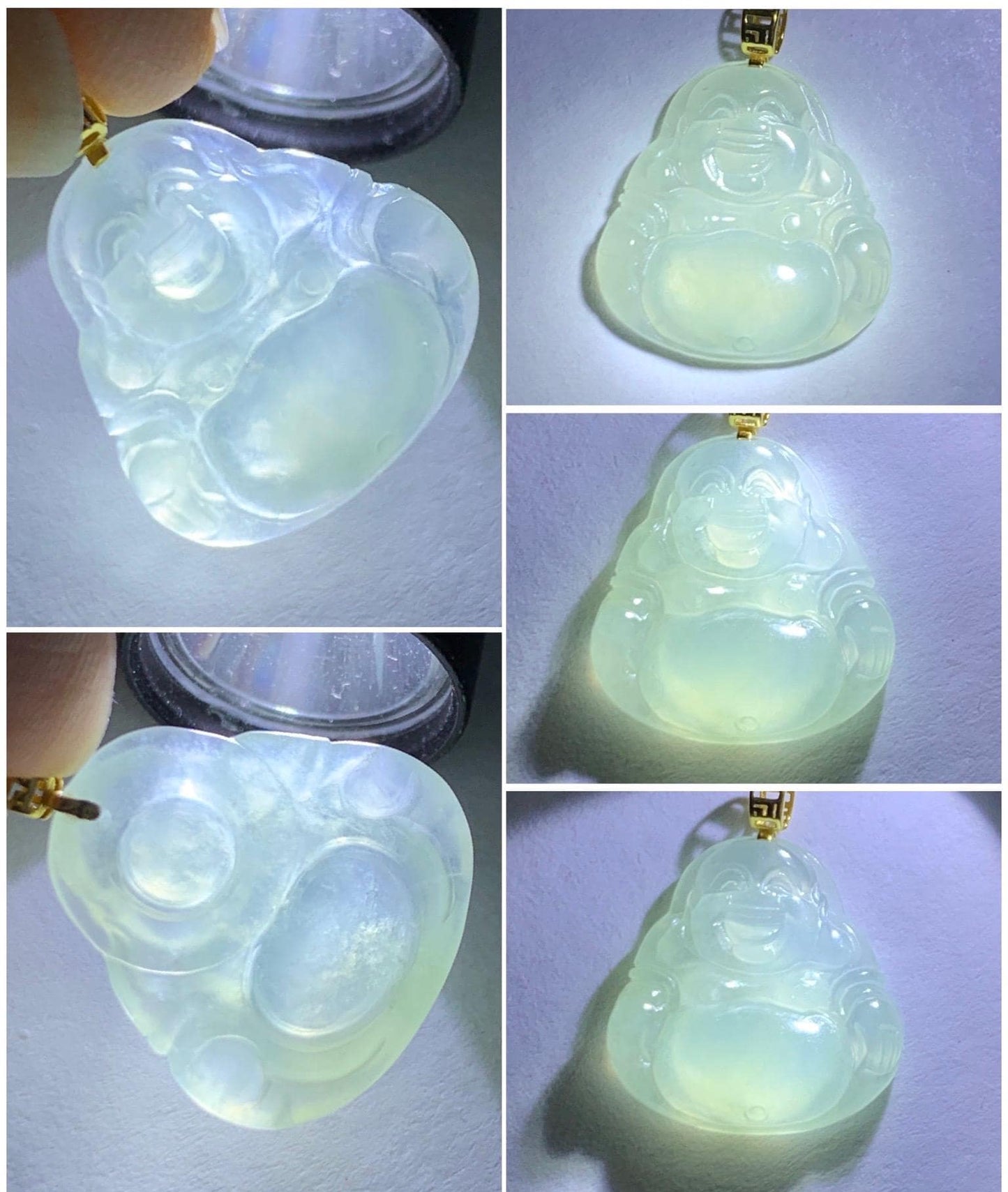 Natural Grade A Icy Highly Translucent Pastel Green Jade Jadeite Carved Buddha Petite Pendant 18K Yellow Gold 天然冰胶晴底翡翠小佛公镶嵌吊坠 MQF180B