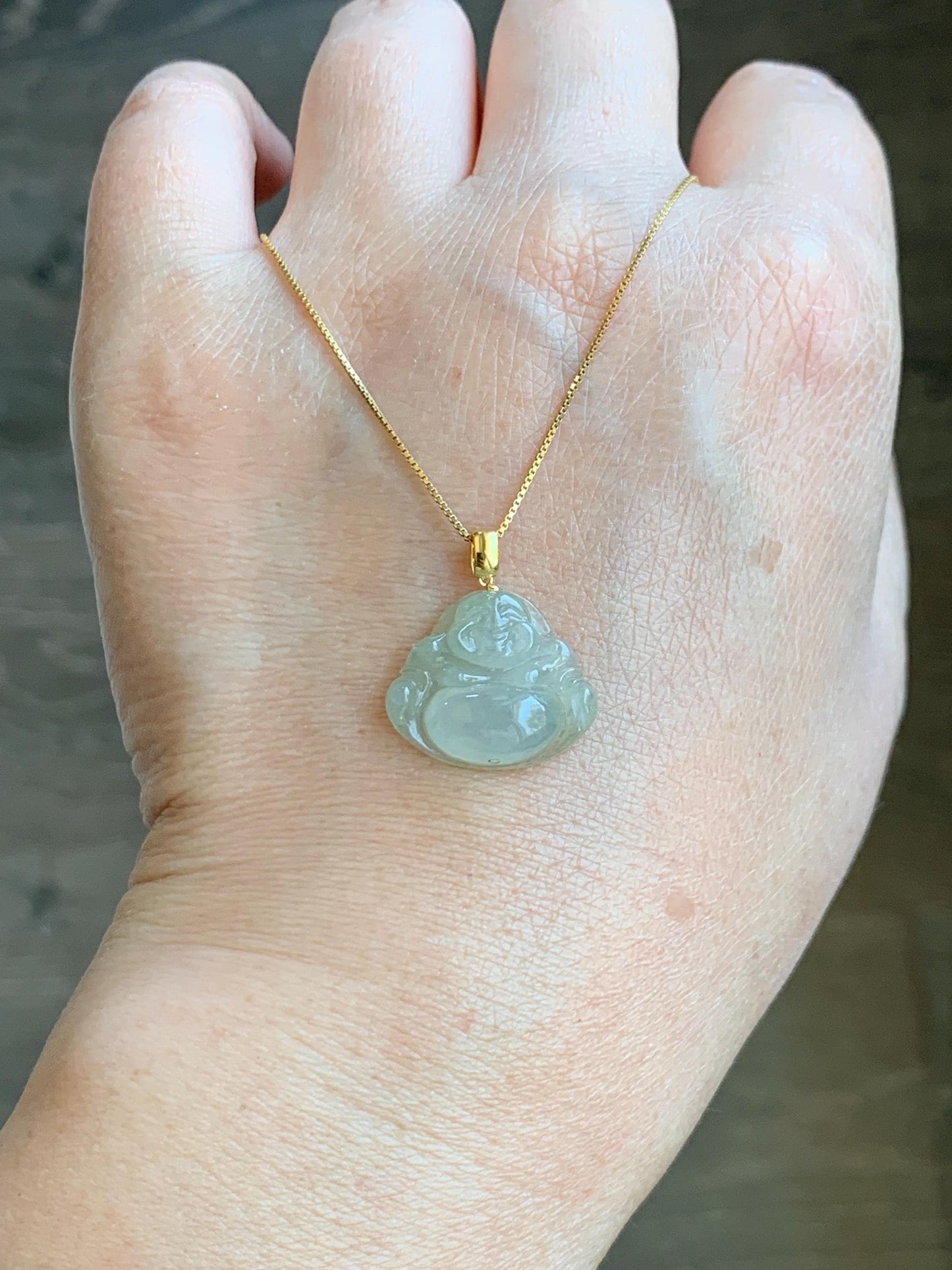 Natural Grade A Icy Highly Translucent Beige Jade Jadeite Carved Buddha Petite Pendant 18K Yellow Gold 天然冰糖黄翡翠小佛公镶嵌吊坠 MTH150A