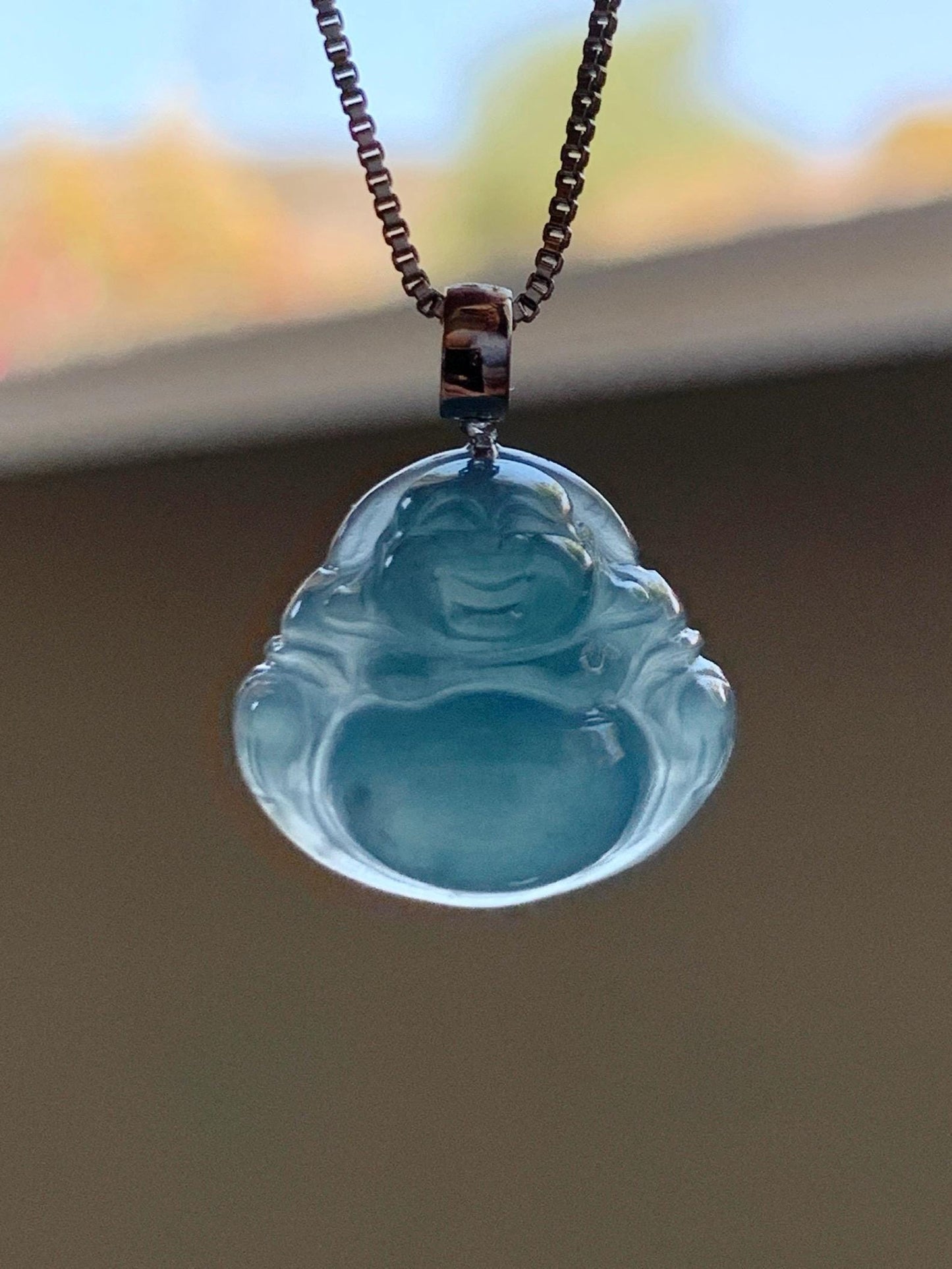 Natural Grade A Guatemalan Icy Translucent Gelatinous Blue Jade Jadeite Carved Buddha Petite Pendant 18K White Gold 天然冰危蓝翡翠小佛公镶嵌吊坠 XWLF-A