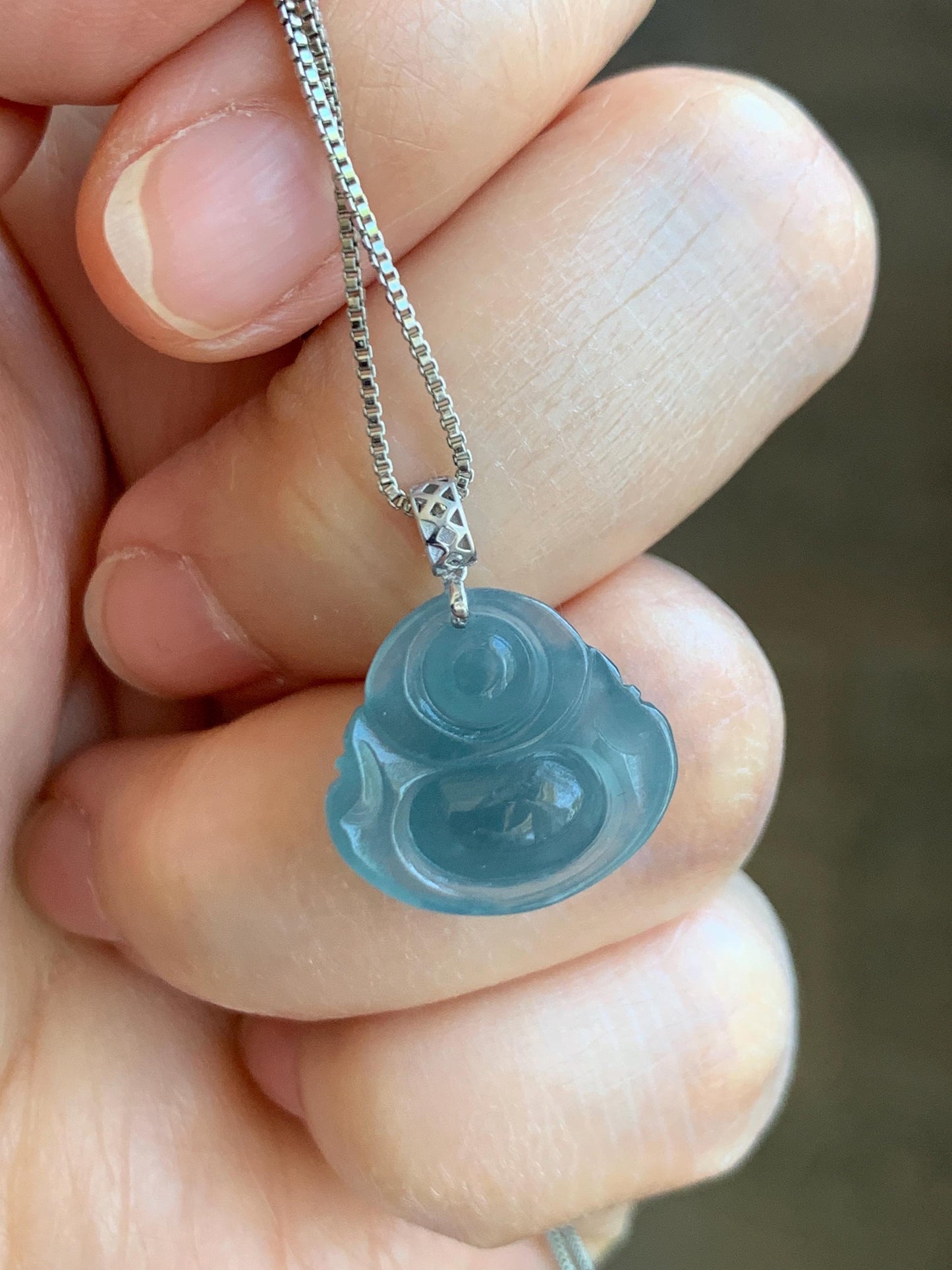 Natural Grade A Guatemalan Icy Translucent Gelatinous Blue Jade Jadeite Carved Buddha Petite Pendant 18K White Gold 天然冰危蓝翡翠小佛公镶嵌吊坠 XWLF-A