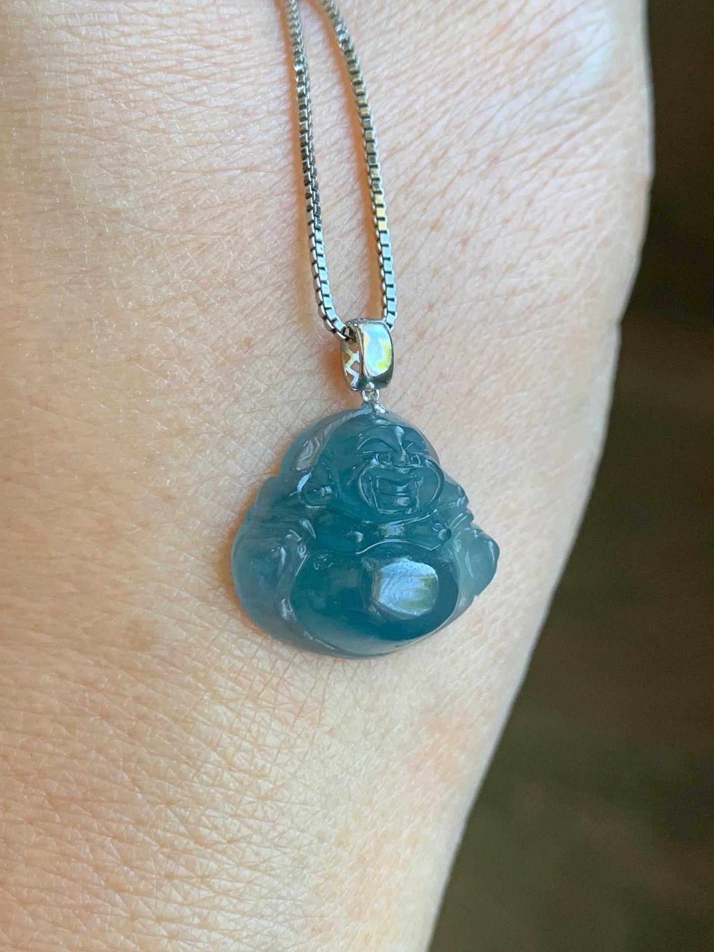 Natural Grade A Guatemalan Icy Translucent Gelatinous Deep Blue Jade Jadeite Buddha Petite Pendant 18K White Gold 天然冰危蓝翡翠小佛公镶嵌吊坠 XWLF-B