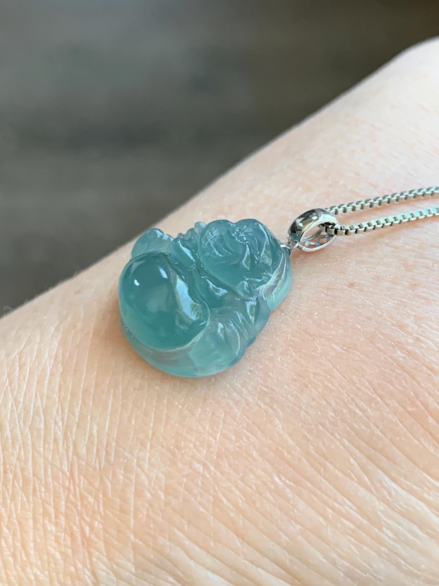 Natural Grade A Guatemalan Icy Translucent Gelatinous Teal Jade Jadeite Buddha Petite Pendant 18K White Gold 天然冰危蓝绿翡翠小佛公镶嵌吊坠 XWLF-C