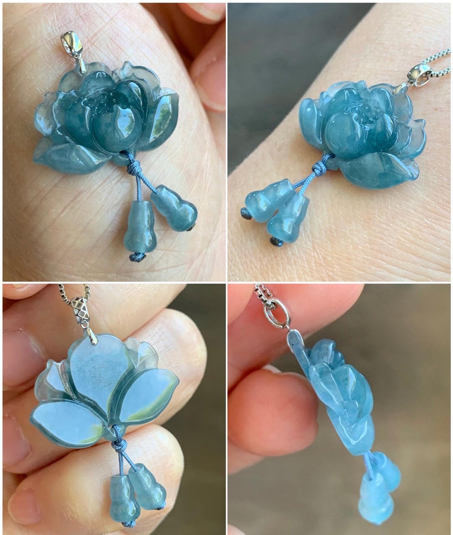 Natural Grade A Guatemalan Icy Highly Translucent Dusty Blue Jade Jadeite Lotus Flower Gourd Pendant 18K White Gold 天然冰危蓝翡翠莲花葫芦吊坠 LHW250