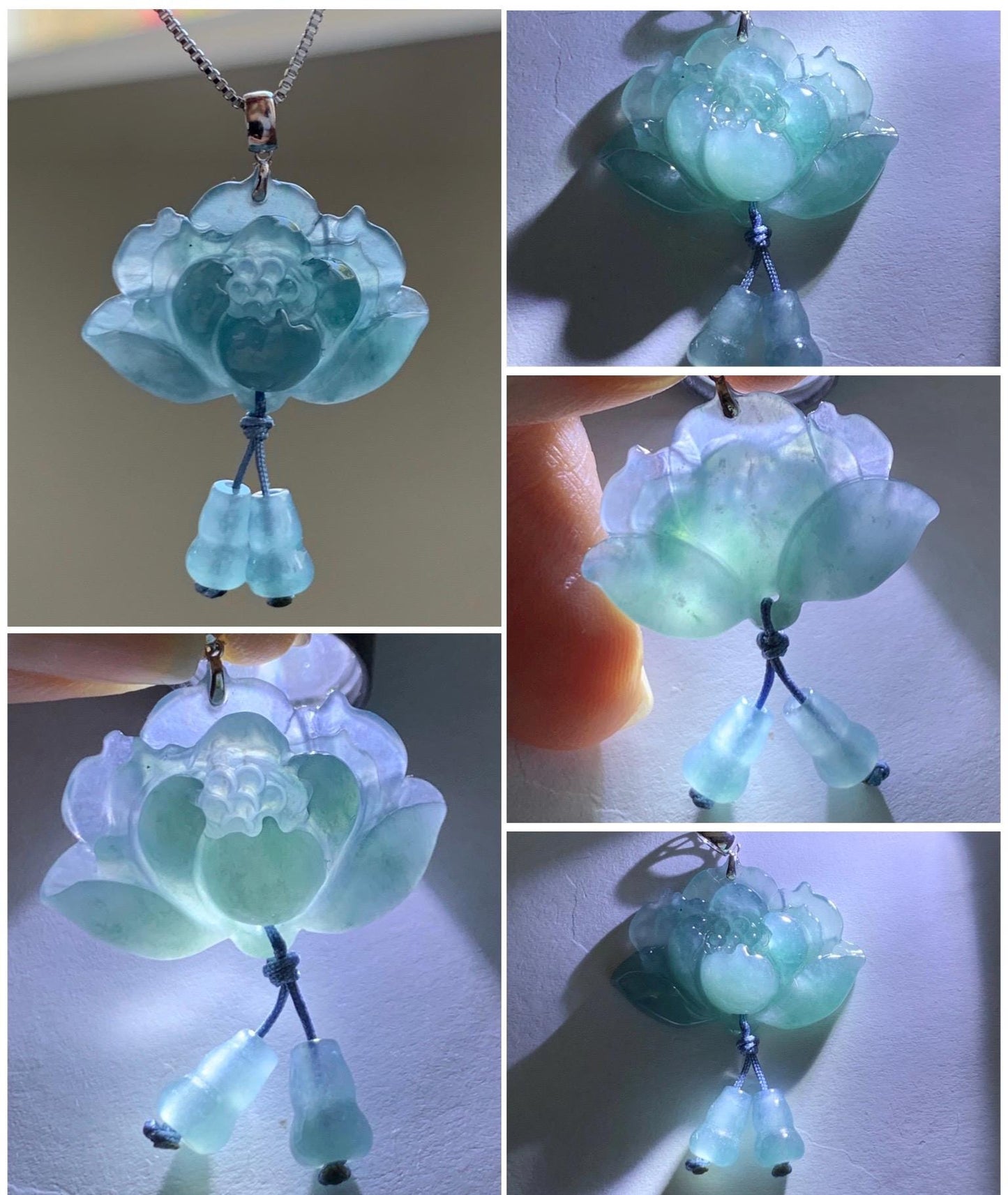 Natural Grade A Guatemalan Icy Highly Translucent Dusty Blue Jade Jadeite Lotus Flower Gourd Pendant 18K White Gold 天然冰危蓝翡翠莲花葫芦吊坠 LHW250