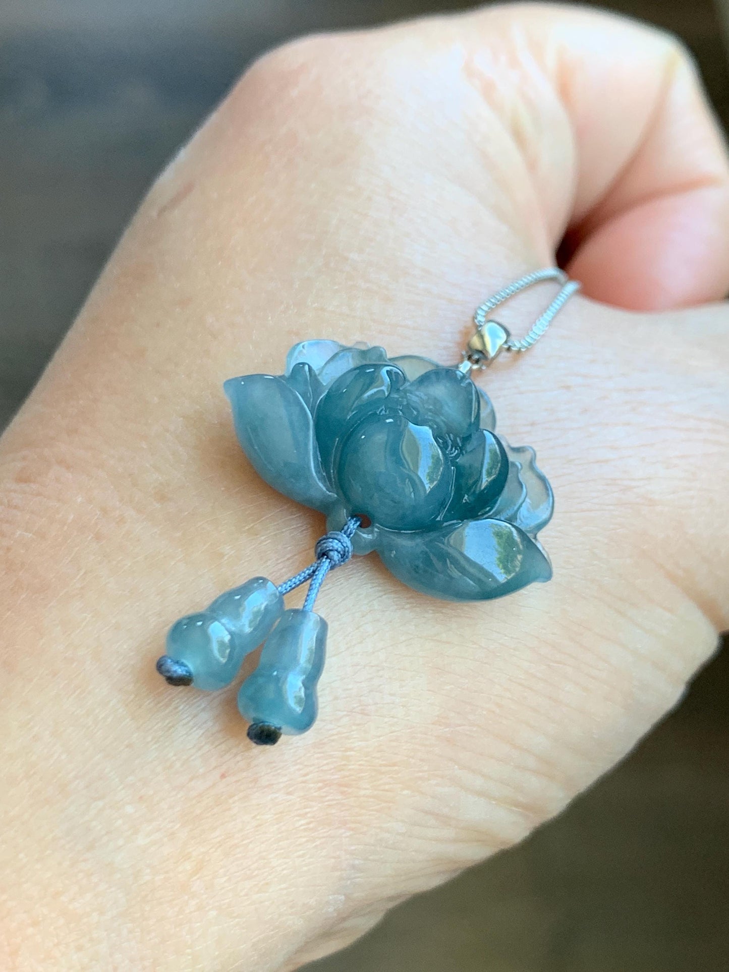 Natural Grade A Guatemalan Icy Highly Translucent Dusty Blue Jade Jadeite Lotus Flower Gourd Pendant 18K White Gold 天然冰危蓝翡翠莲花葫芦吊坠 LHW250