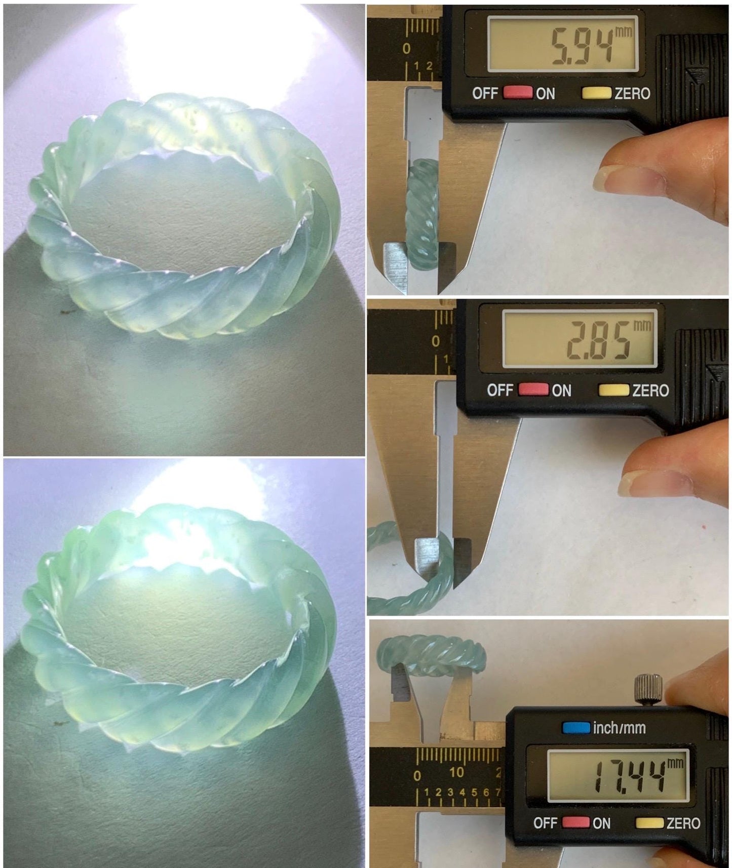 Natural Grade A Guatemalan Icy Highly Translucent Gelatinous Light Teal Jade Jadeite Carved Braid Band Ring Size 6.75 天然高冰危浅蓝绿翡翠麻花戒圈 MHW110A