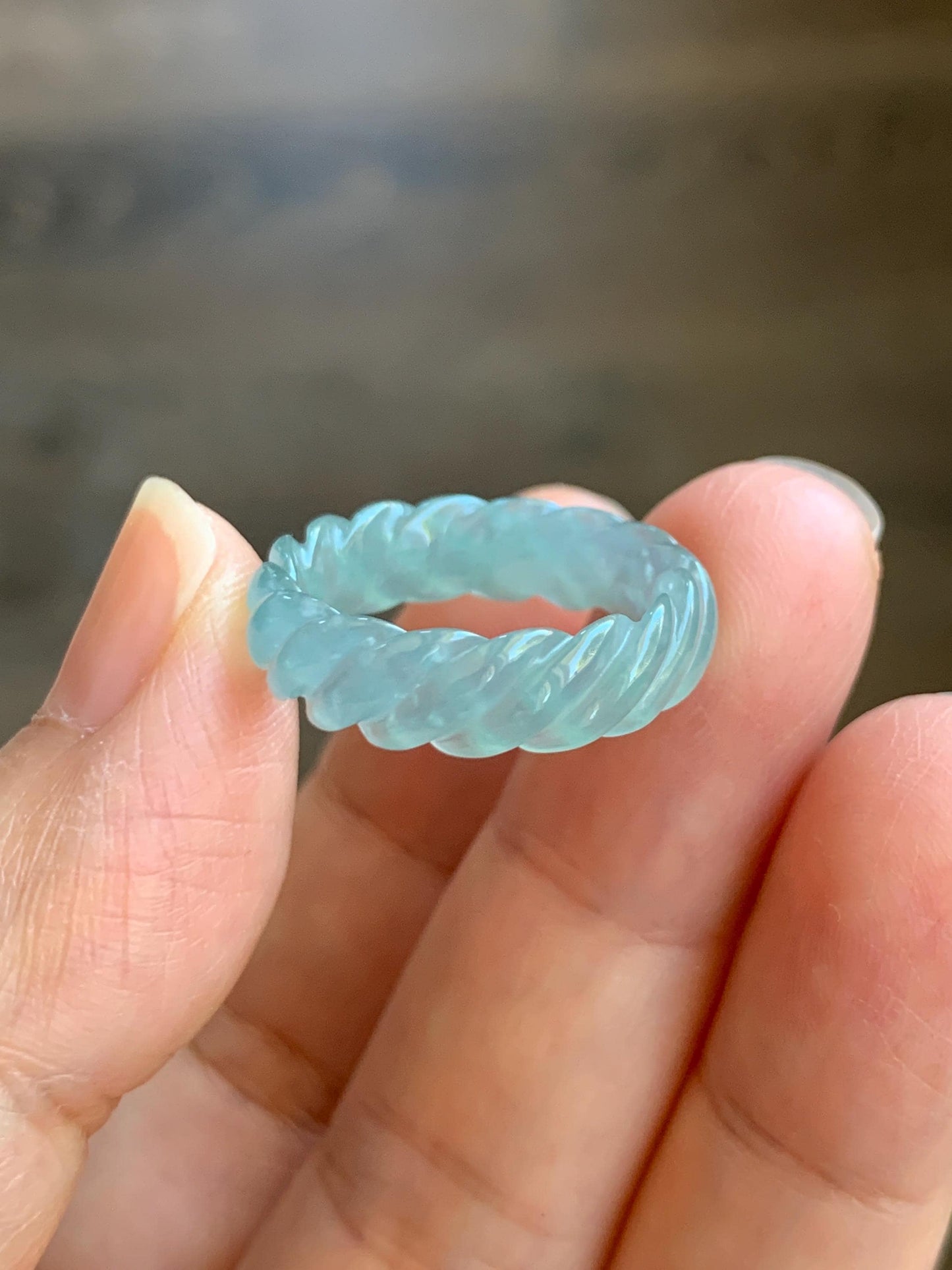Natural Grade A Guatemalan Icy Highly Translucent Gelatinous Light Teal Jade Jadeite Carved Braid Band Ring Size 6.75 天然高冰危浅蓝绿翡翠麻花戒圈 MHW110A