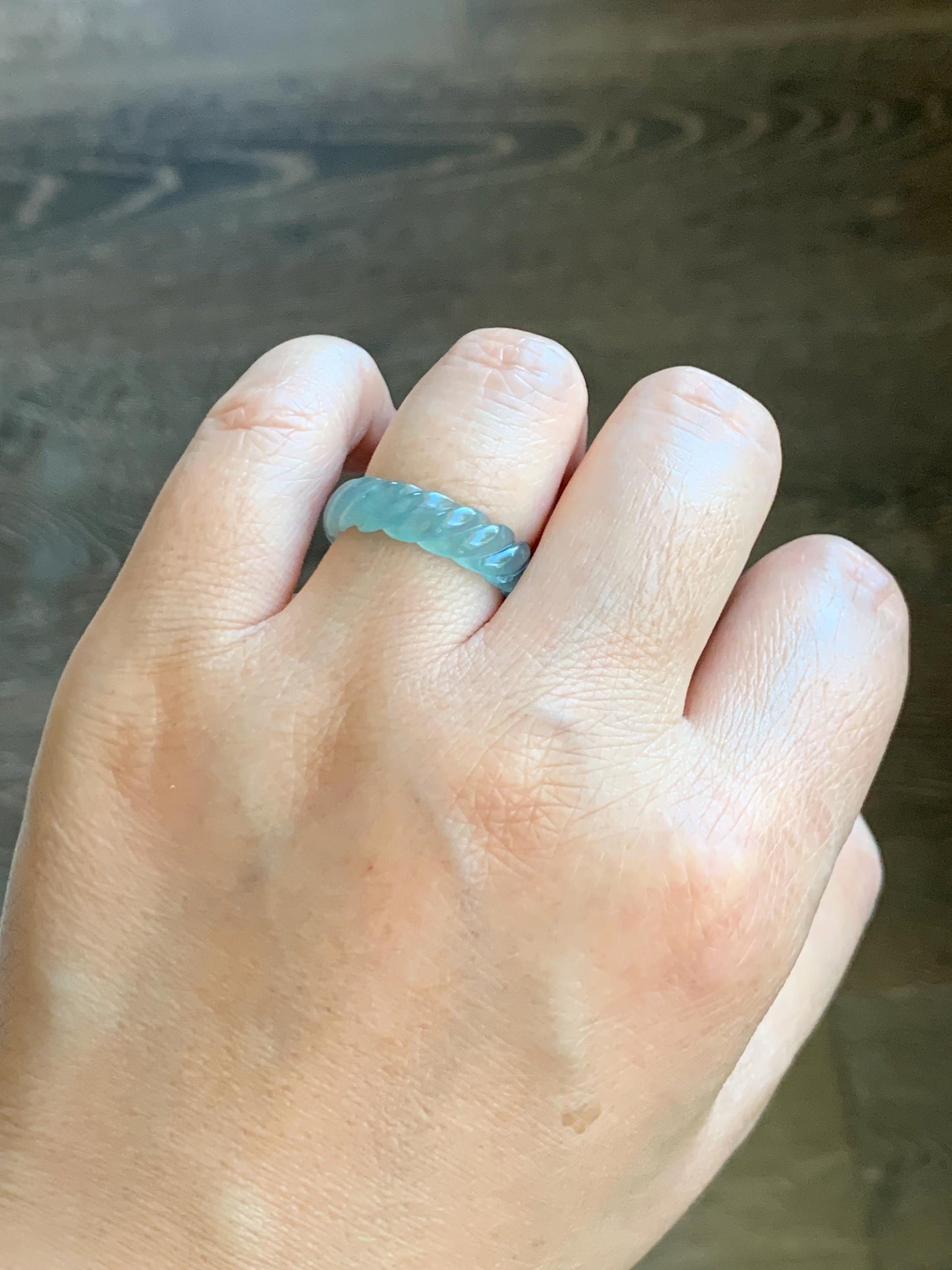 Natural Grade A Guatemalan Icy Highly Translucent Gelatinous Light Teal Jade Jadeite Carved Braid Band Ring Size 6.75 天然高冰危浅蓝绿翡翠麻花戒圈 MHW110A