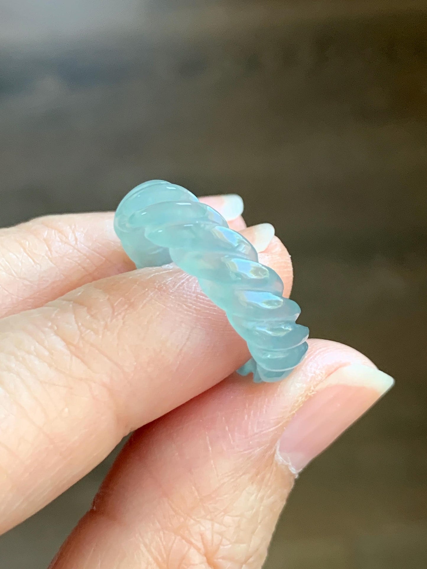 Natural Grade A Guatemalan Icy Highly Translucent Gelatinous Light Teal Jade Jadeite Carved Braid Band Ring Size 6.75 天然高冰危浅蓝绿翡翠麻花戒圈 MHW110A