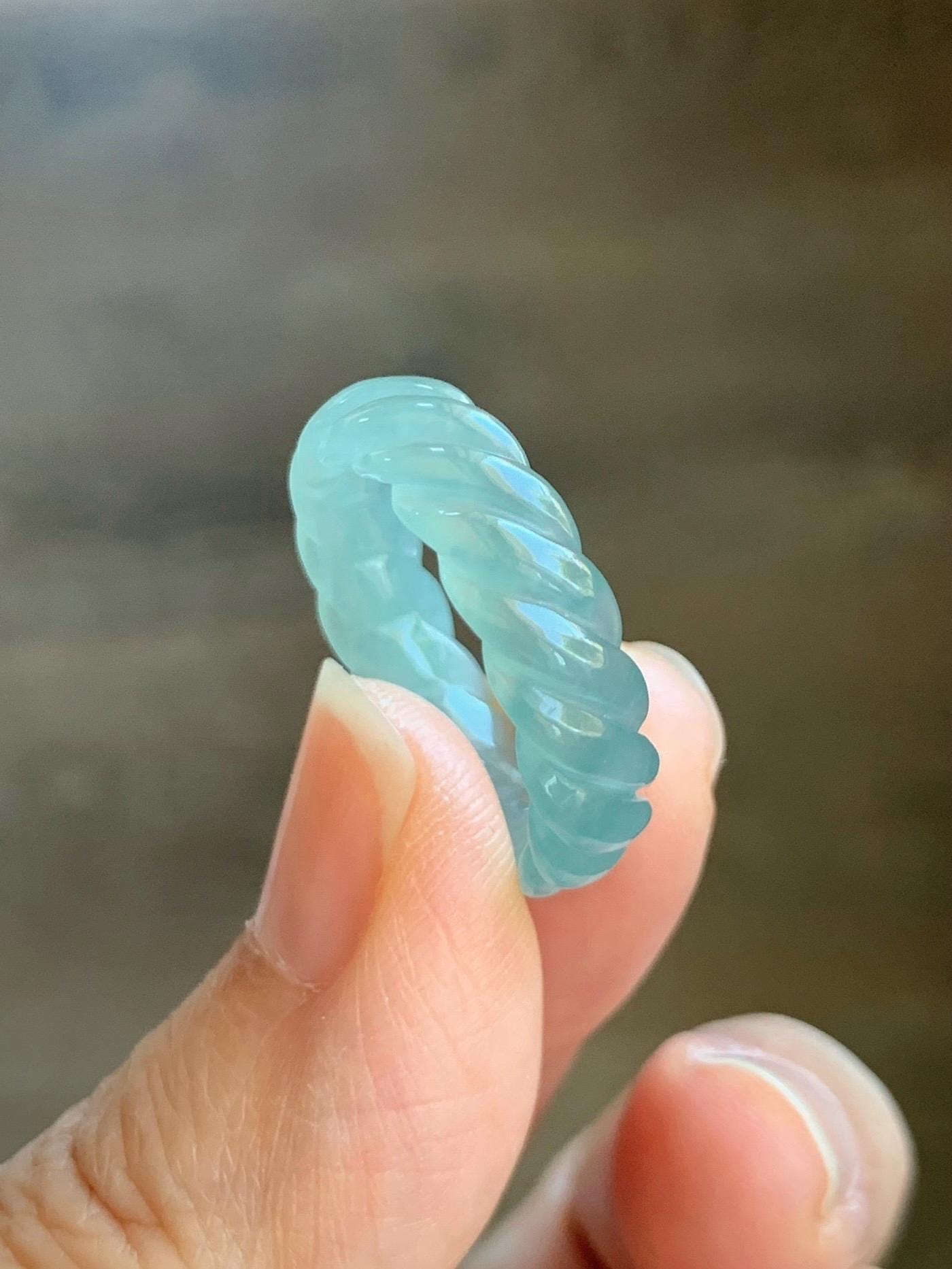Natural Grade A Guatemalan Icy Highly Translucent Gelatinous Light Teal Jade Jadeite Carved Braid Band Ring Size 8.25 天然高冰危浅蓝绿翡翠麻花戒圈 MHW110B