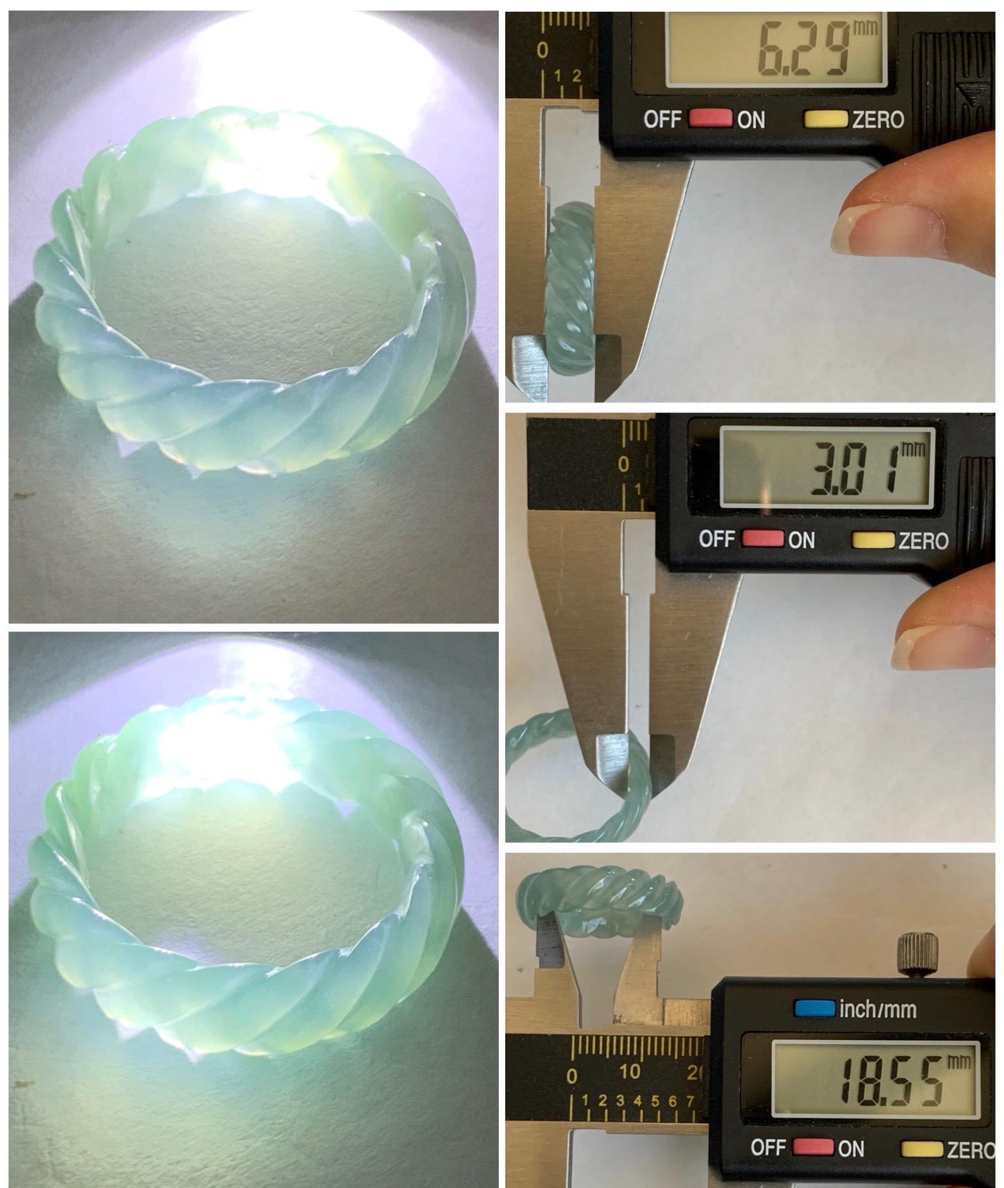 Natural Grade A Guatemalan Icy Highly Translucent Gelatinous Light Teal Jade Jadeite Carved Braid Band Ring Size 8.25 天然高冰危浅蓝绿翡翠麻花戒圈 MHW110B