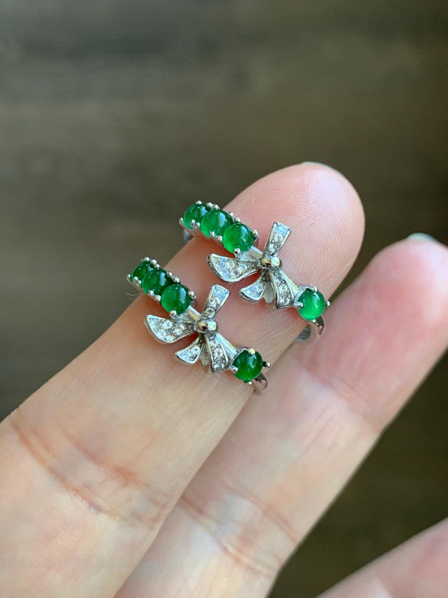 Natural Grade A Guatemalan Icy Translucent Vibrant Green Jade Jadeite Bow Design Sterling Silver Ring 天然冰危绿翡翠蝴蝶结款银镶戒指 LHD110