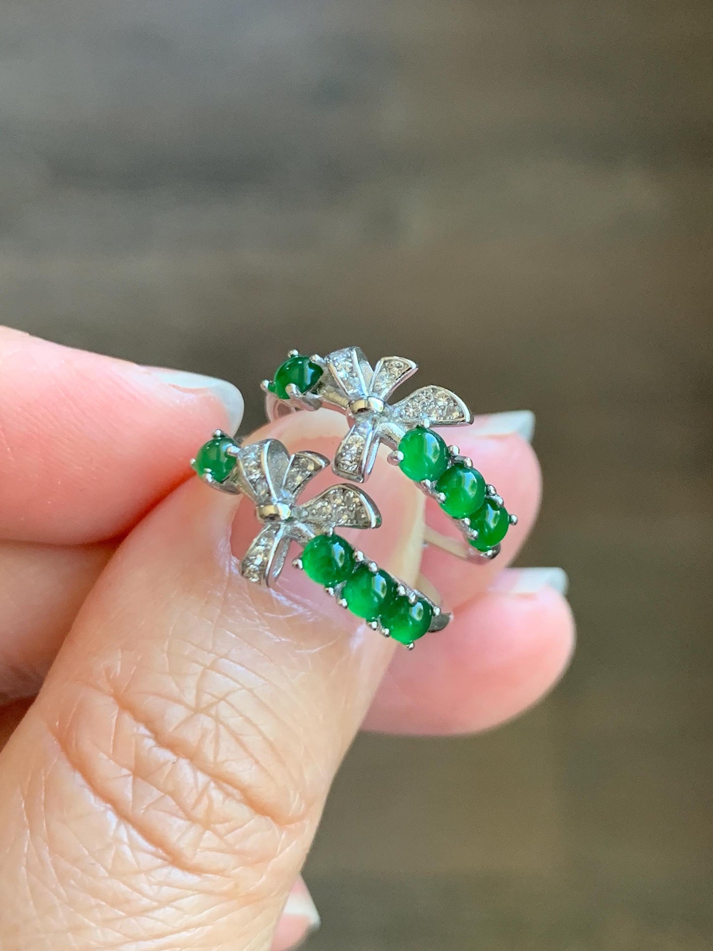 Natural Grade A Guatemalan Icy Translucent Vibrant Green Jade Jadeite Bow Design Sterling Silver Ring 天然冰危绿翡翠蝴蝶结款银镶戒指 LHD110