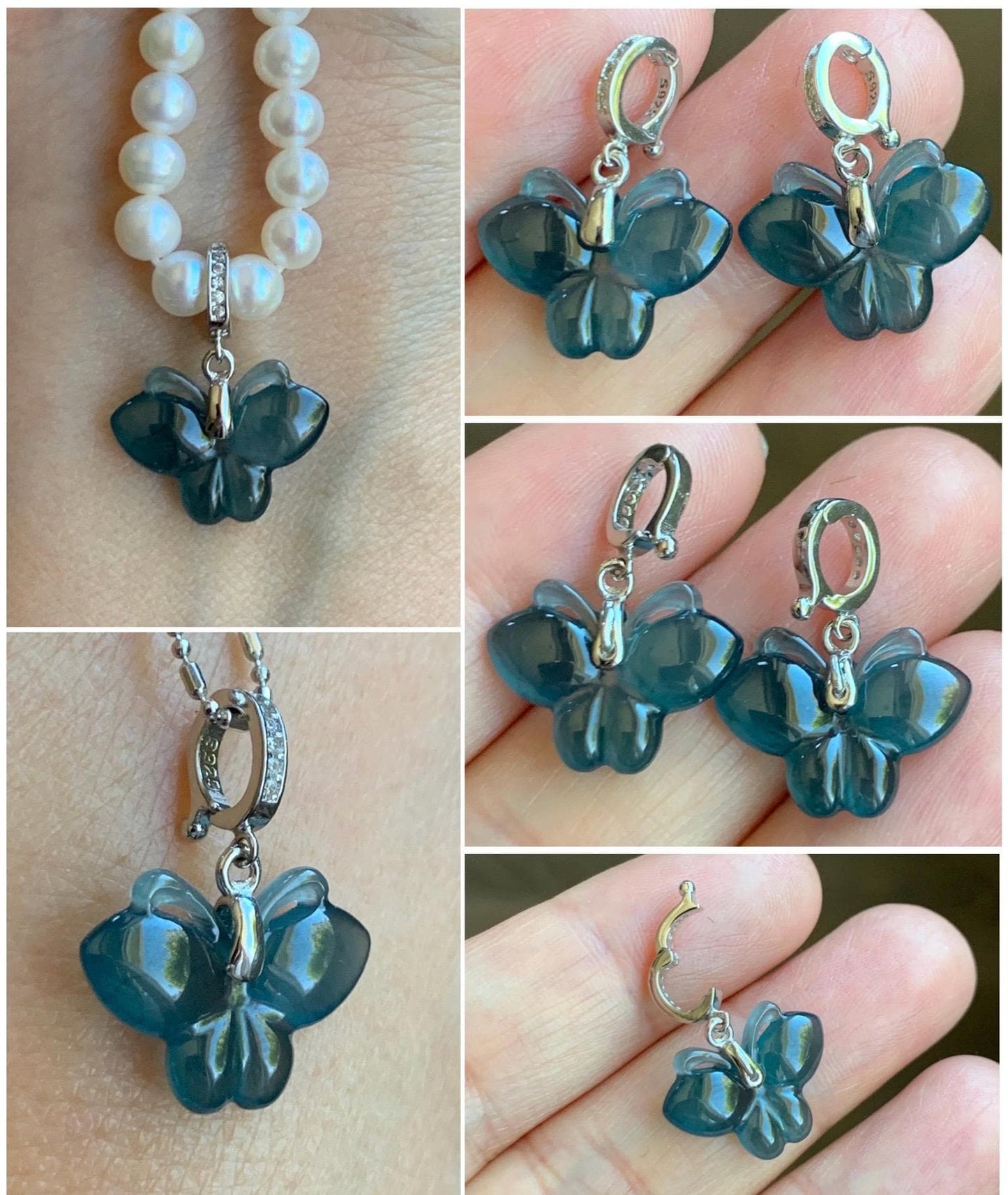 Natural Grade A Guatemalan Icy Highly Translucent Aegean Blue Jade Jadeite Butterfly Charm Pendant Sterling Silver 天然冰危牛仔蓝翡翠蝴蝶吊坠 HDS120