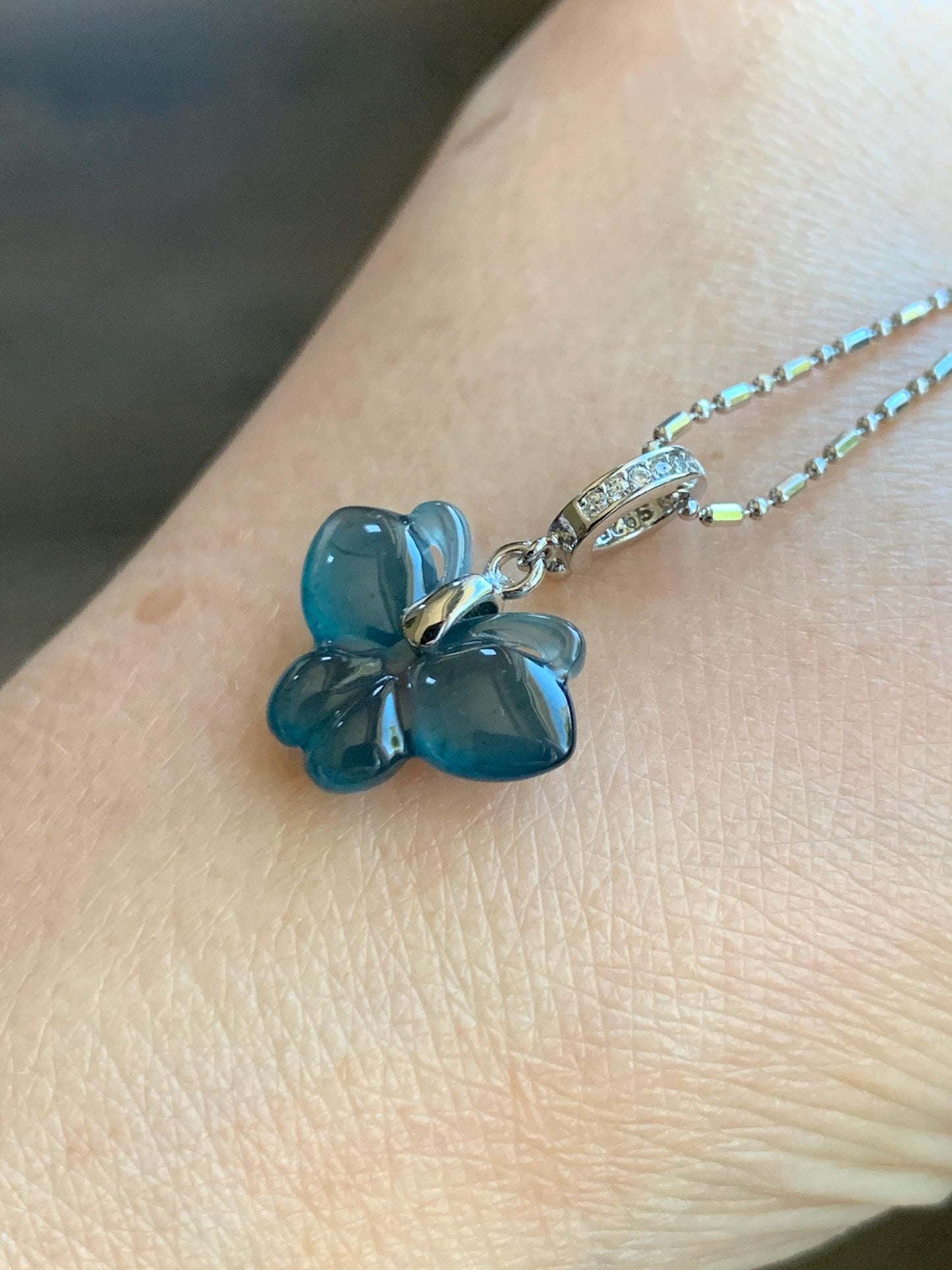 Natural Grade A Guatemalan Icy Highly Translucent Aegean Blue Jade Jadeite Butterfly Charm Pendant Sterling Silver 天然冰危牛仔蓝翡翠蝴蝶吊坠 HDS120