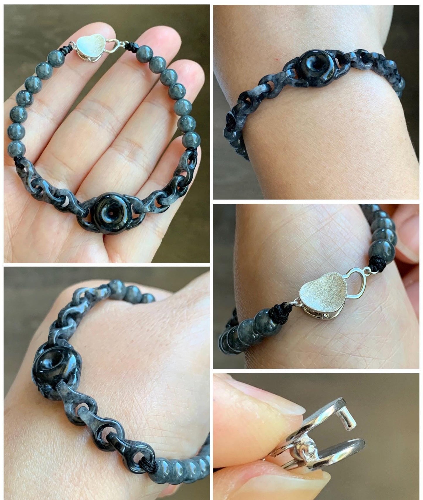 Natural Grade A Icy Translucent Wuji Jadeite Ping An Kou Donut Interlocking Chain Beaded Bracelet 7” Sterling Silver 天然乌鸡翡翠平安扣环环相扣手串 BWHH350