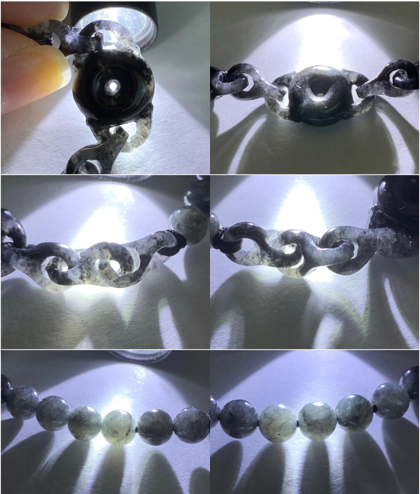 Natural Grade A Icy Translucent Wuji Jadeite Ping An Kou Donut Interlocking Chain Beaded Bracelet 7” Sterling Silver 天然乌鸡翡翠平安扣环环相扣手串 BWHH350