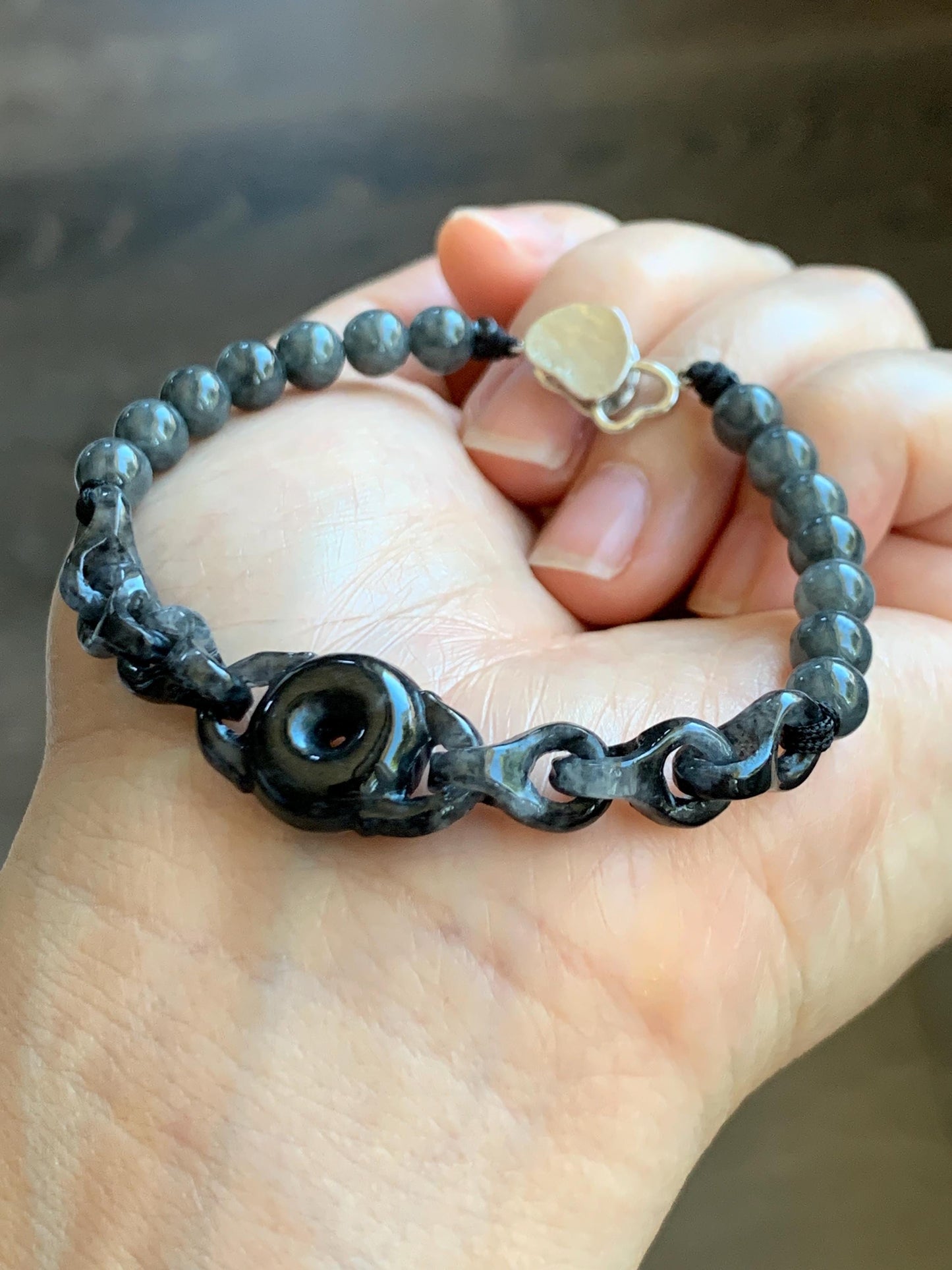 Natural Grade A Icy Translucent Wuji Jadeite Ping An Kou Donut Interlocking Chain Beaded Bracelet 7” Sterling Silver 天然乌鸡翡翠平安扣环环相扣手串 BWHH350