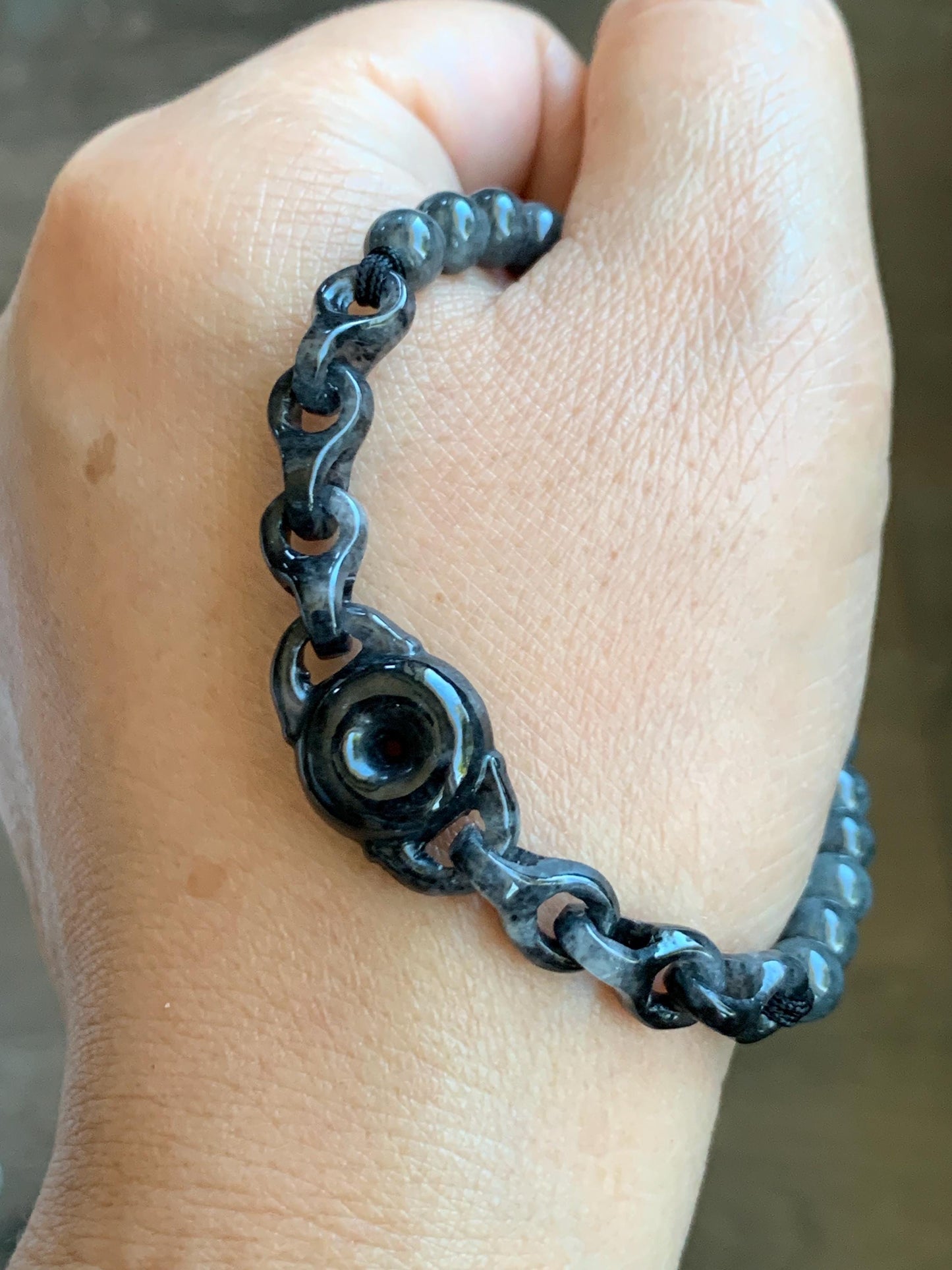 Natural Grade A Icy Translucent Wuji Jadeite Ping An Kou Donut Interlocking Chain Beaded Bracelet 7” Sterling Silver 天然乌鸡翡翠平安扣环环相扣手串 BWHH350
