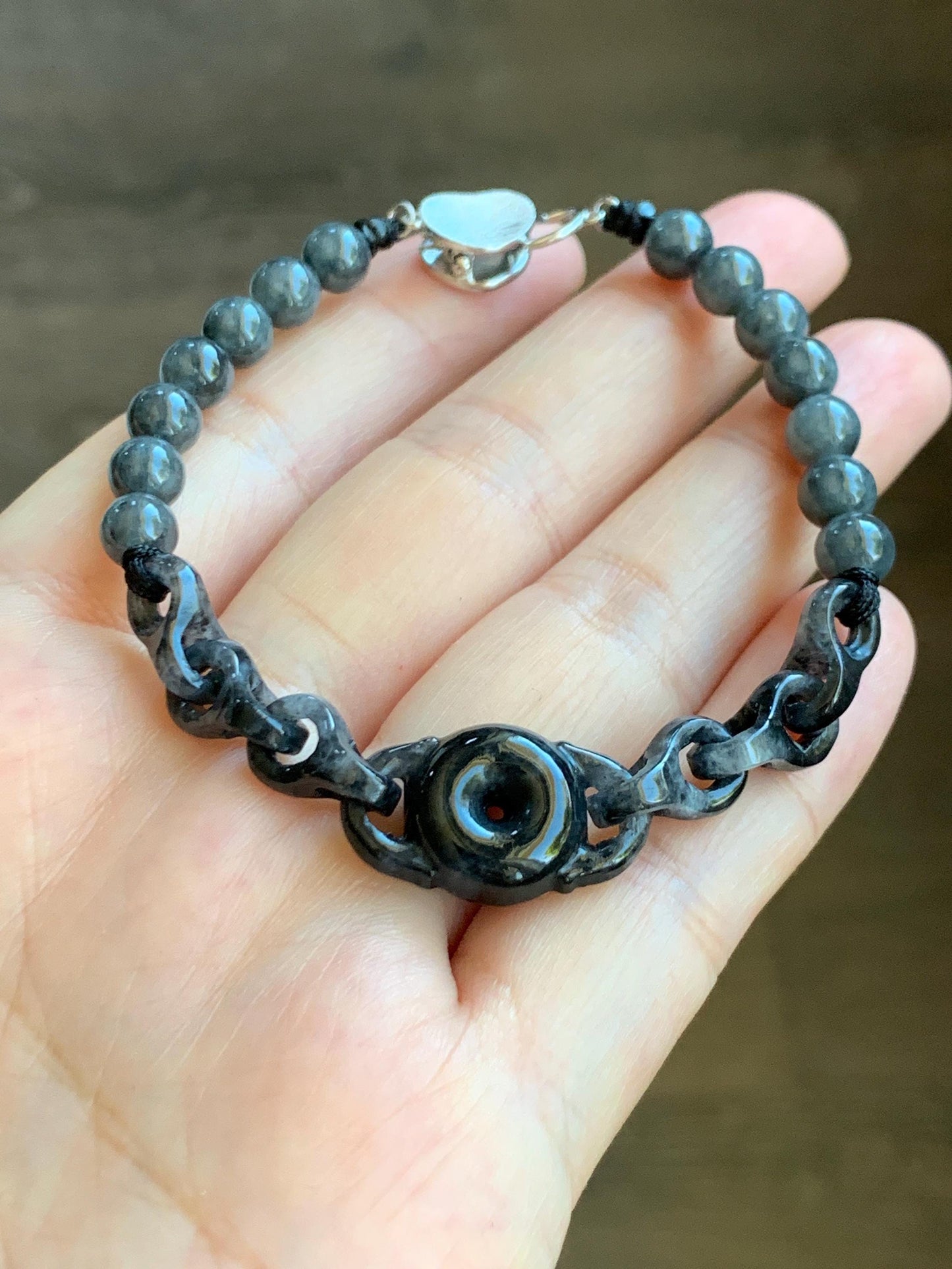 Natural Grade A Icy Translucent Wuji Jadeite Ping An Kou Donut Interlocking Chain Beaded Bracelet 7” Sterling Silver 天然乌鸡翡翠平安扣环环相扣手串 BWHH350