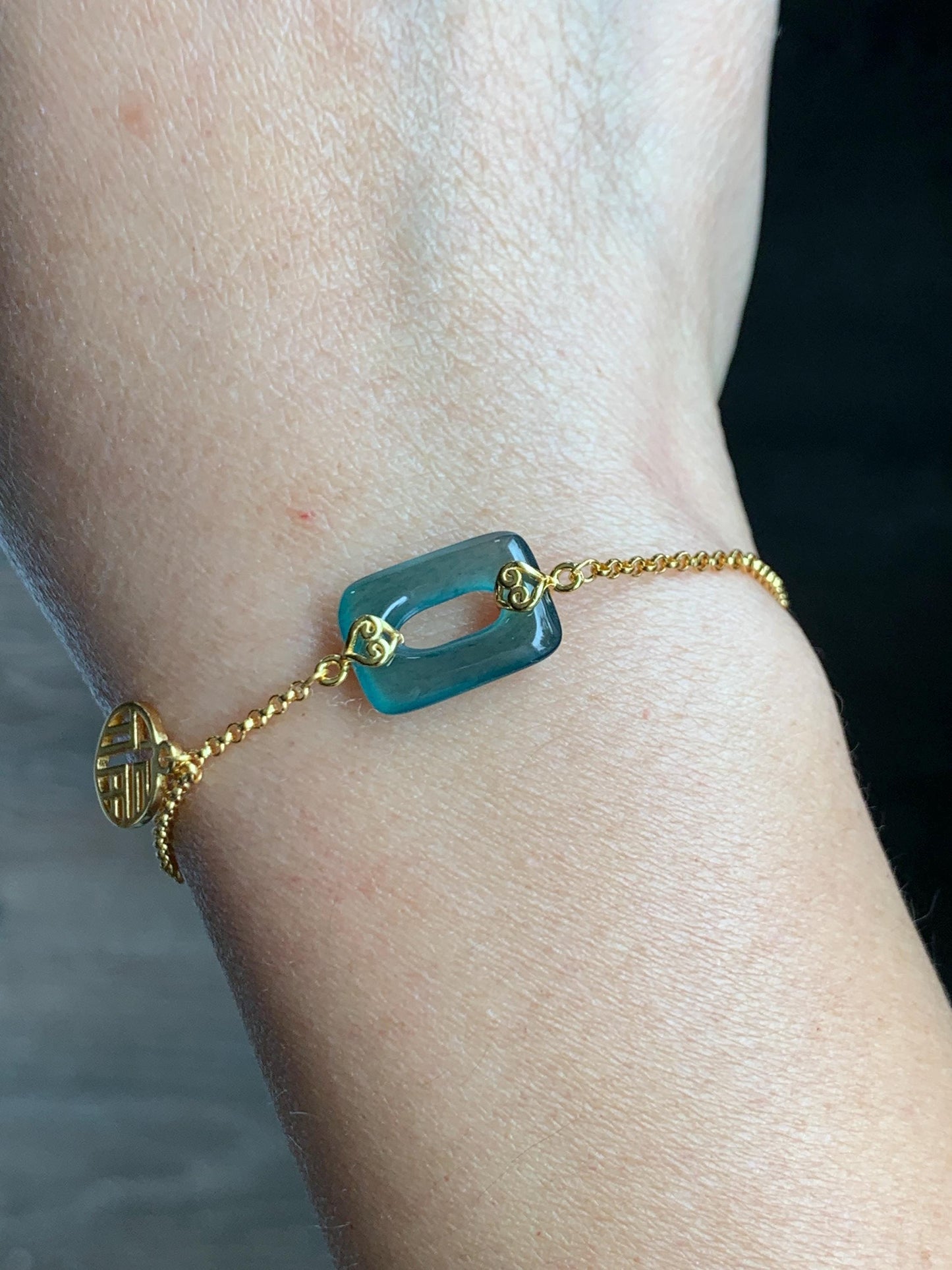 Natural Grade A Guatemalan Icy Translucent Vibrant Teal Blue Jadeite Ping An Kou Donut Chain Bracelet Sterling Silver 天然冰危蓝绿翡翠方扣银手链 FKL140