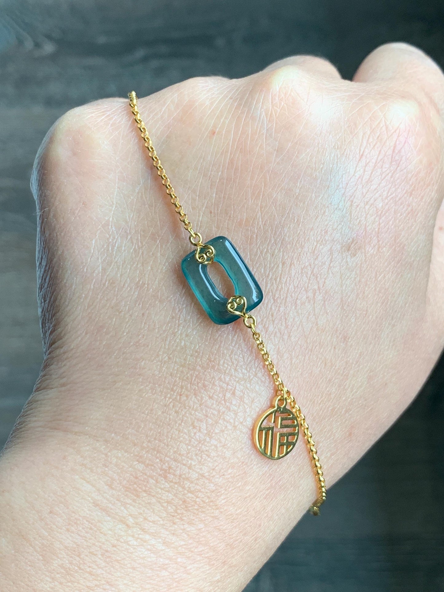 Natural Grade A Guatemalan Icy Translucent Vibrant Teal Blue Jadeite Ping An Kou Donut Chain Bracelet Sterling Silver 天然冰危蓝绿翡翠方扣银手链 FKL140