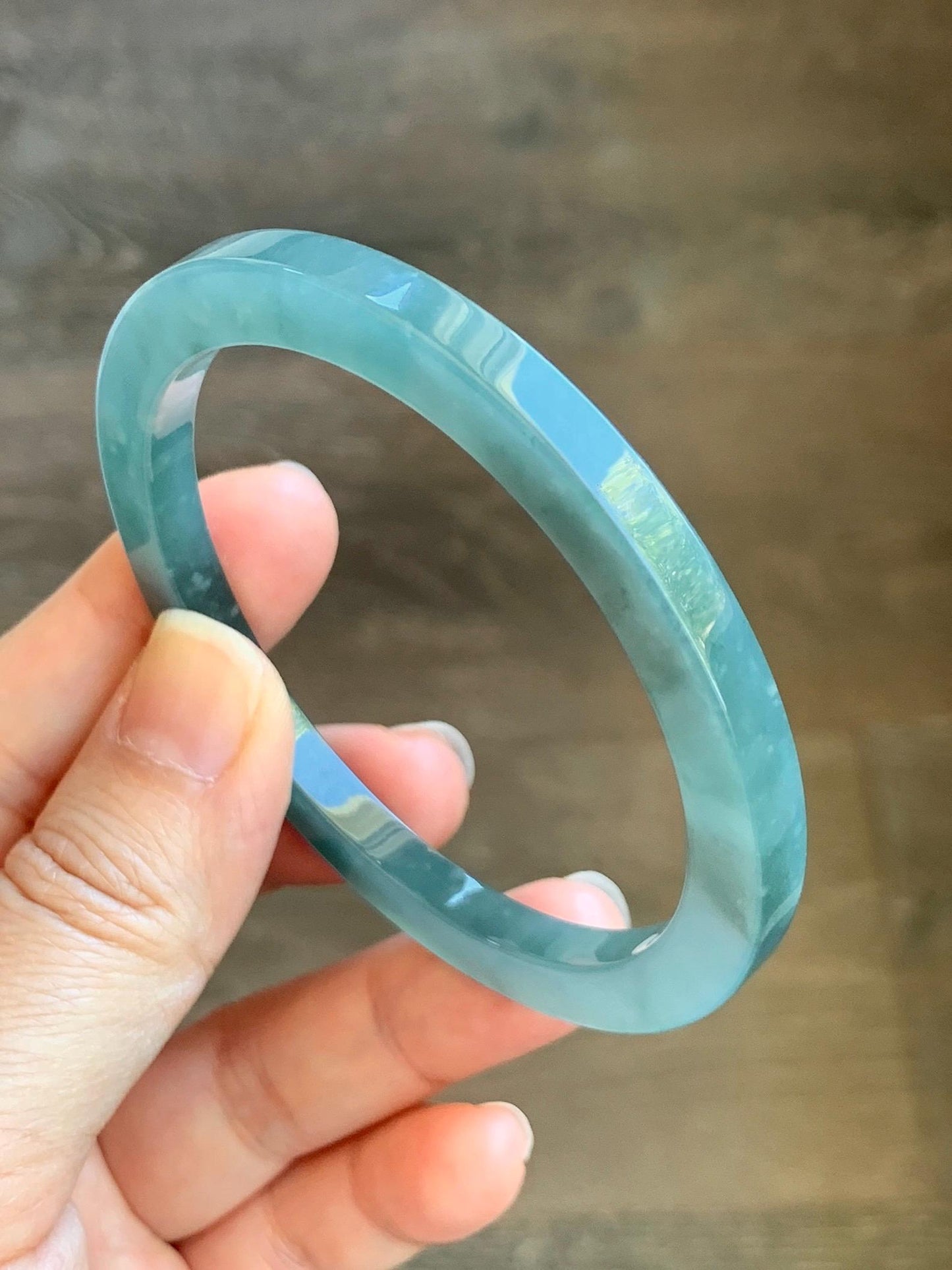 Certified Natural Guatemalan Icy Translucent Gelatinous Teal Blue Jade Jadeite Square Edged Bangle Bracelet 58.4mm 7.22” 天然冰胶危蓝翡翠方镯手镯 8753