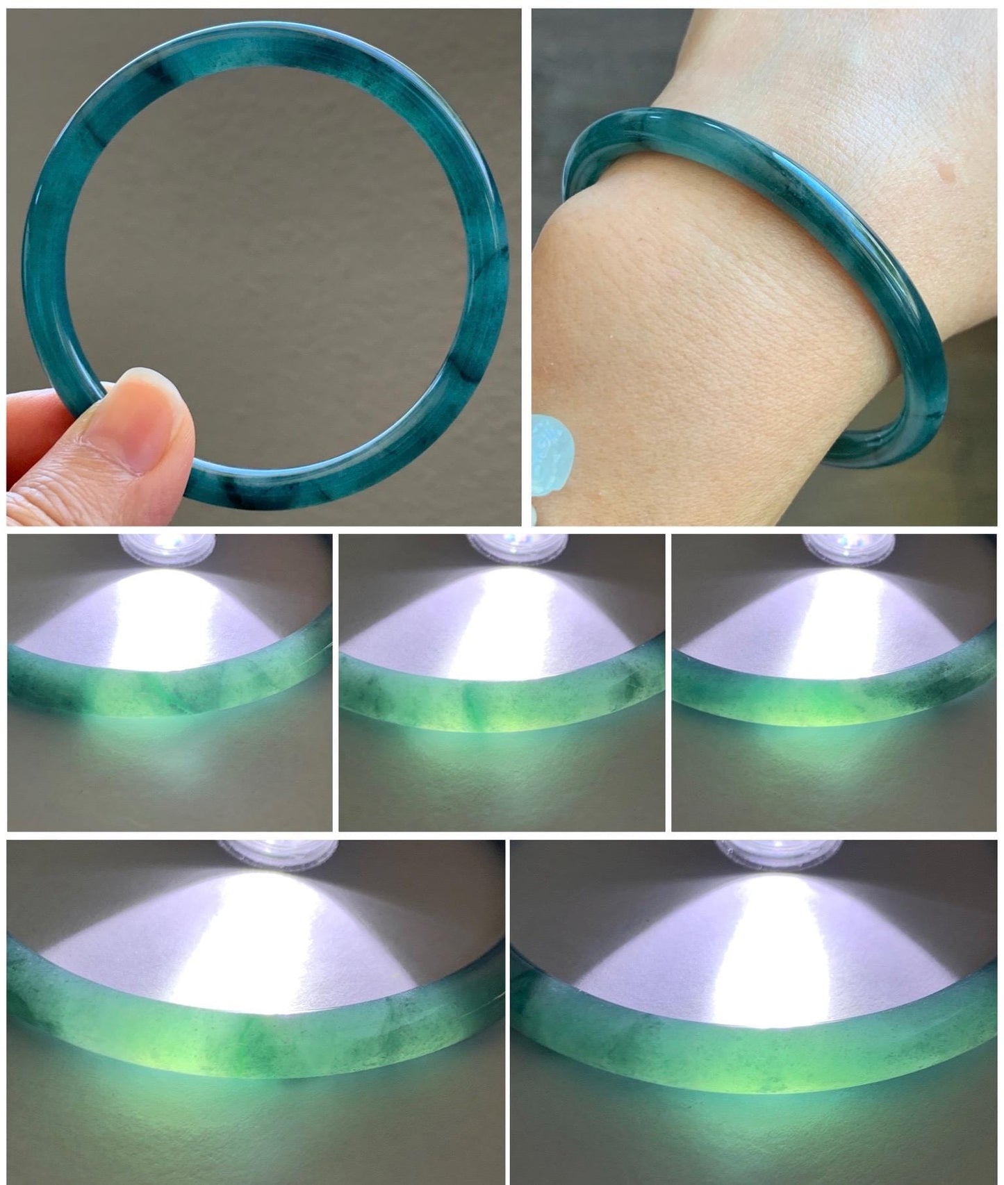 Certified Natural Grade A Guatemalan Icy Highly Translucent Dark Teal Blue Jade Jadeite Slim Bangle 59.6mm 7.37” 21g 天然冰胶危深蓝翡翠细圆条手镯 8760