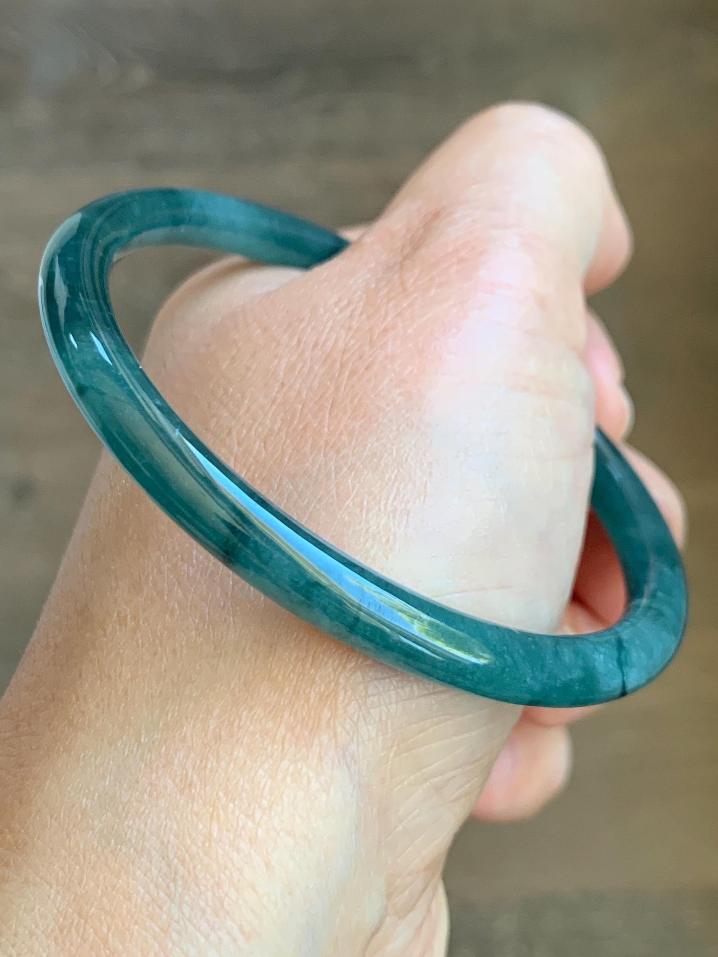 Certified Natural Grade A Guatemalan Icy Highly Translucent Dark Teal Blue Jade Jadeite Slim Bangle 59.6mm 7.37” 21g 天然冰胶危深蓝翡翠细圆条手镯 8760