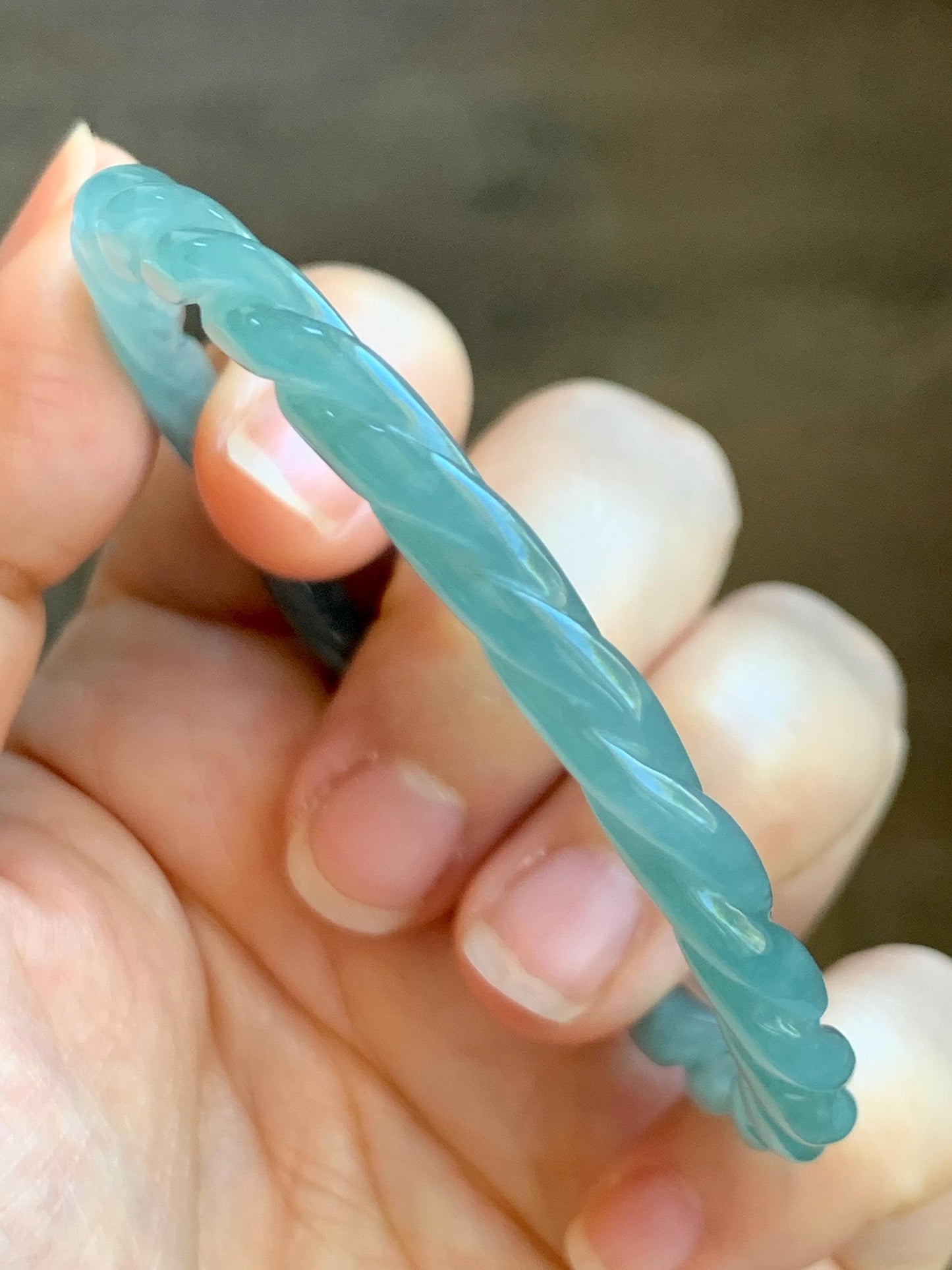 Certified Natural Grade A Guatemalan Icy Translucent Gelatinous Light Teal Jade Jadeite Carved Braid Bangle 57.2mm 7” 天然冰胶危浅晴蓝翡翠细麻花手镯 8793