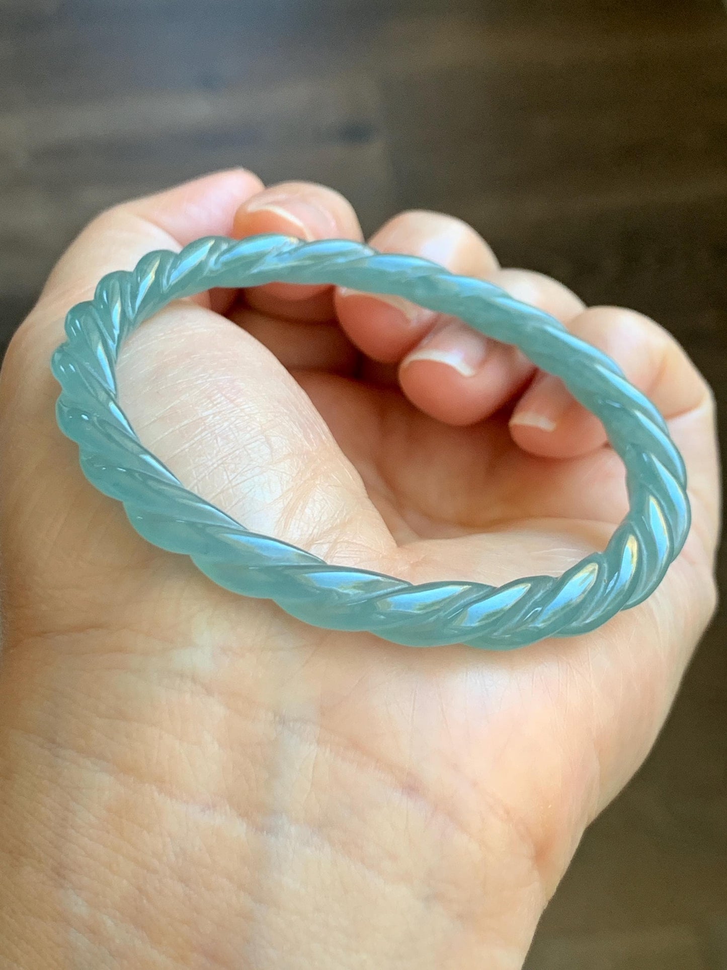 Certified Natural Grade A Guatemalan Icy Translucent Gelatinous Light Teal Jade Jadeite Carved Braid Bangle 57.2mm 7” 天然冰胶危浅晴蓝翡翠细麻花手镯 8793