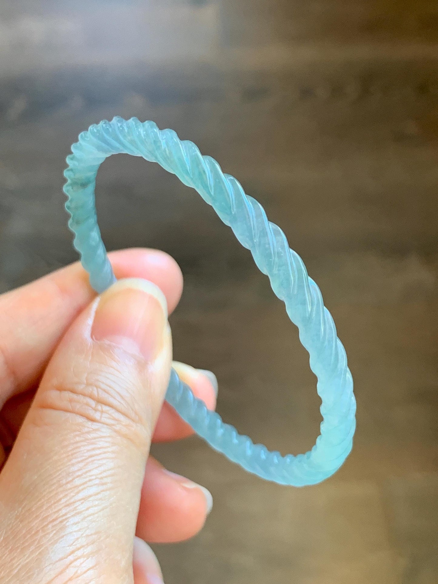 Certified Natural Grade A Guatemalan Icy Translucent Gelatinous Light Blue Jade Jadeite Carved Braid Bangle 55.5mm 6.86” 天然冰胶危浅蓝翡翠细麻花手镯 8759
