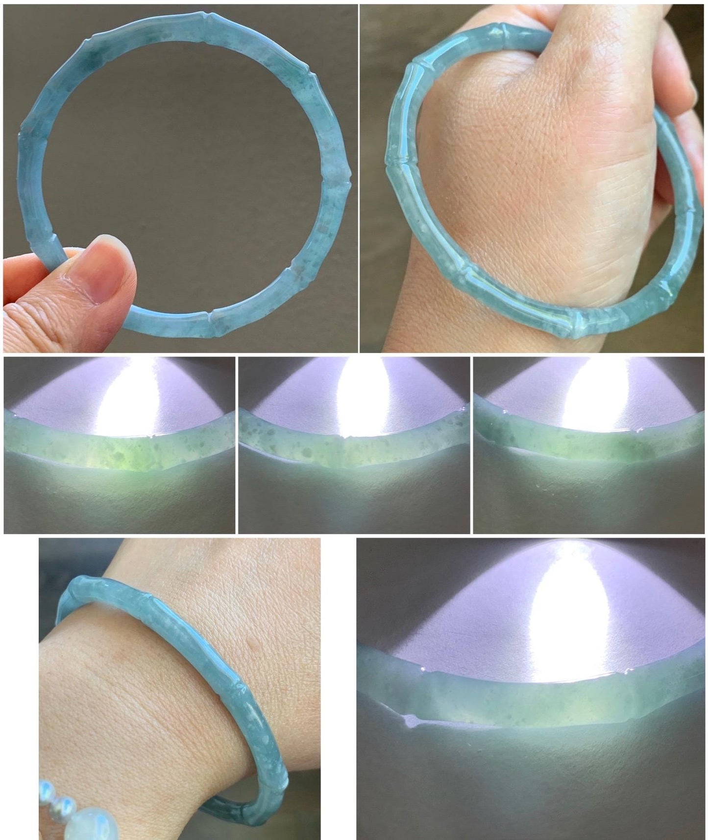 Certified Natural Guatemalan Icy Translucent Gelatinous Pastel Blue Jade Jadeite Carved Bamboo Bangle 62.7mm 7.75” 16.7g 天然冰危淡篮翡翠竹节细手镯 8804